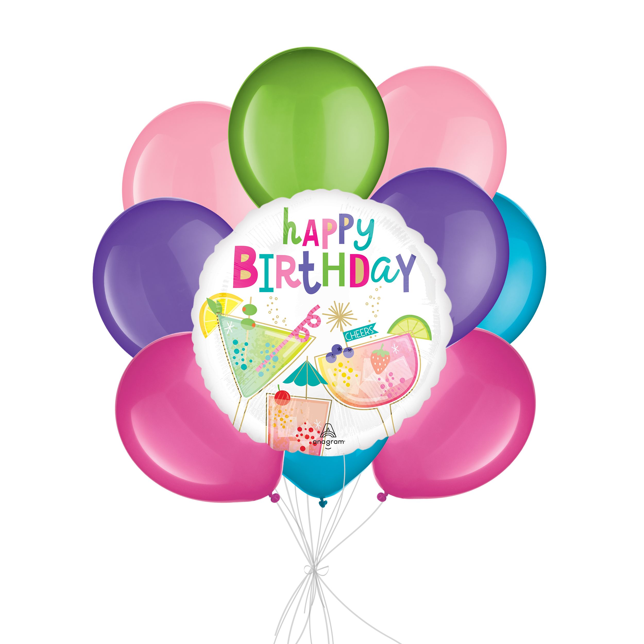 Bouquet de ballons Anniversaire cocktail surprise « Happy Birthday » avec ballons en latex, rose, kiwi, violet et bleu, gonflage à l’hélium et ruban compris Front_Flat