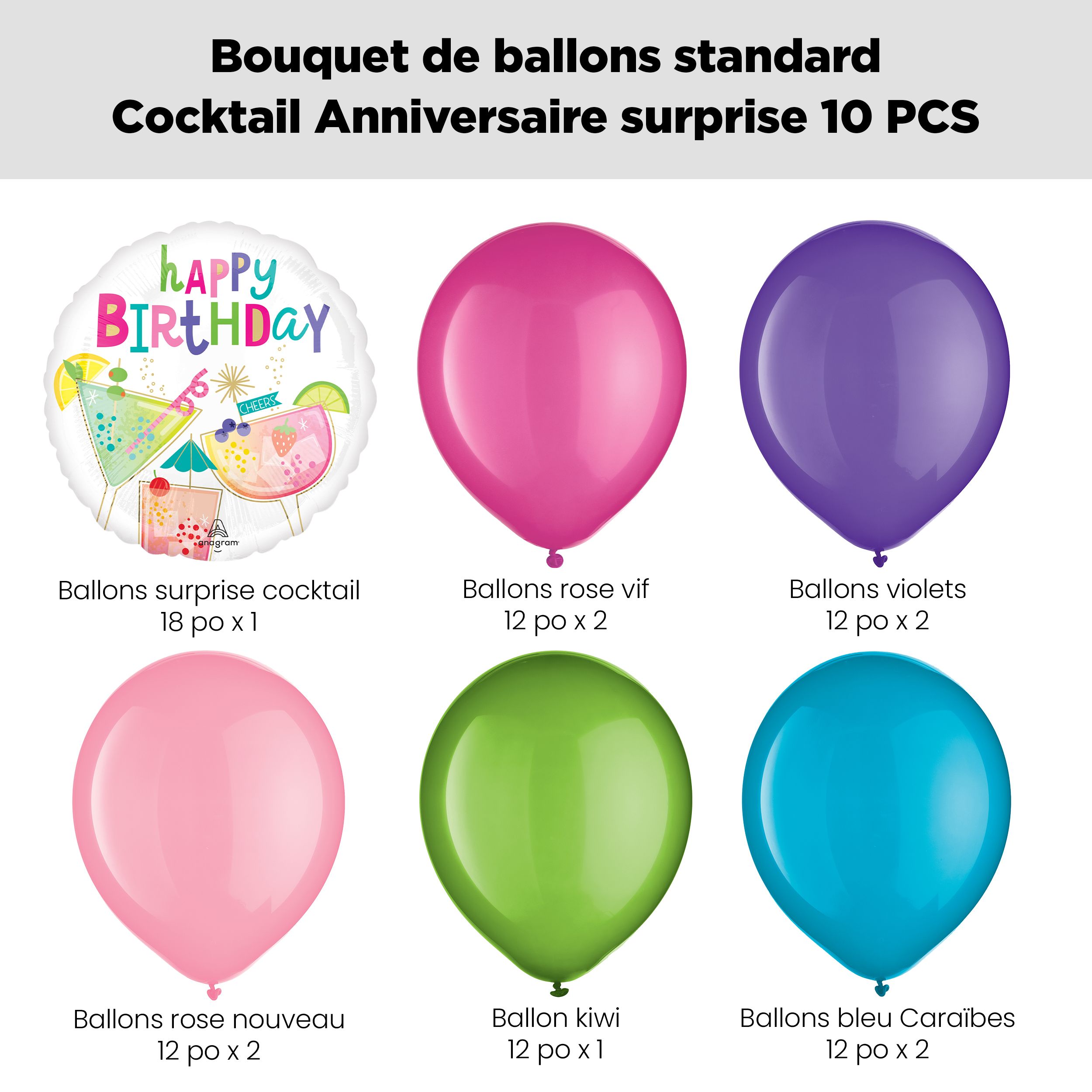 Bouquet de ballons Anniversaire cocktail surprise « Happy Birthday » avec ballons en latex, rose, kiwi, violet et bleu, gonflage à l’hélium et ruban compris Front_Flat