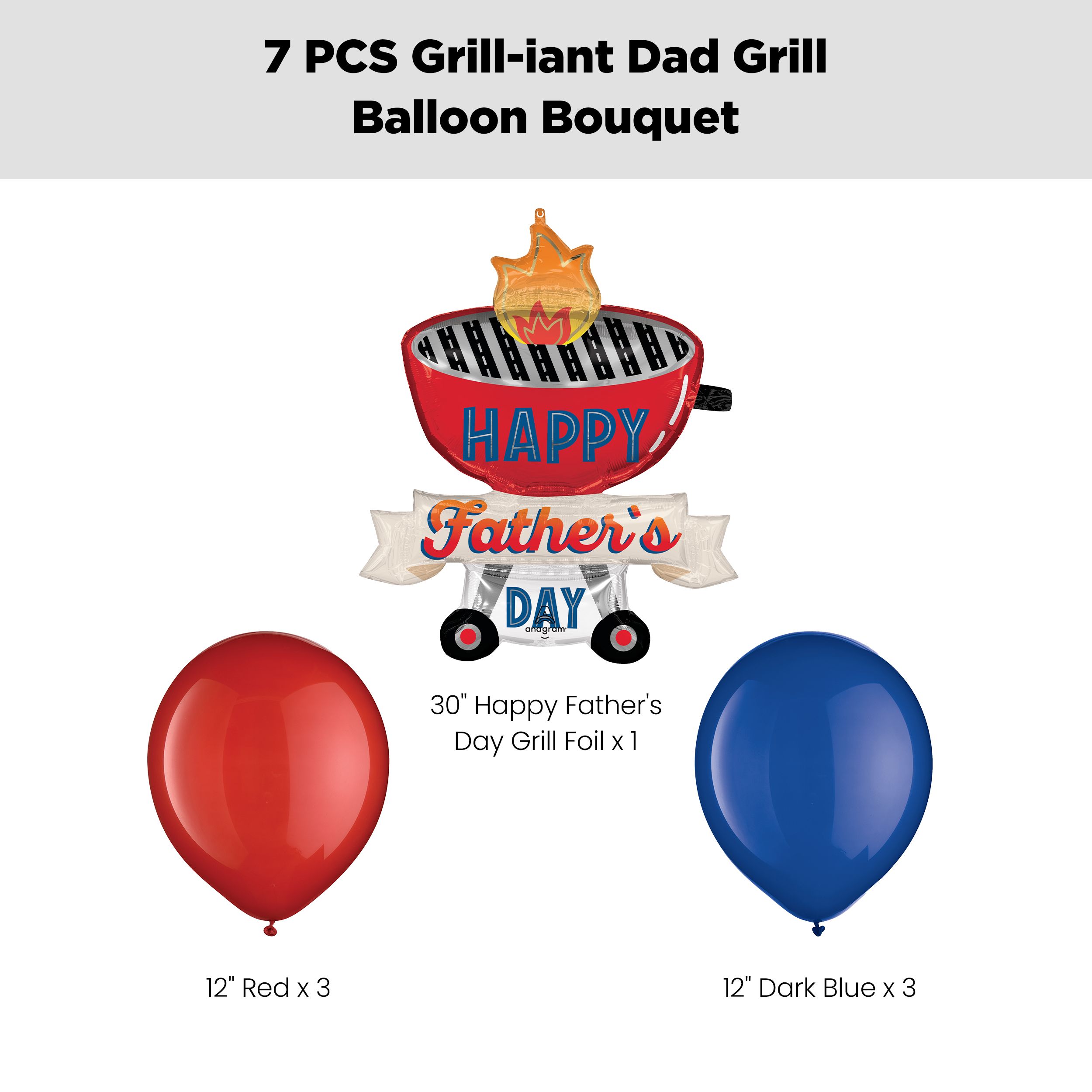 “Happy Father’s Day” Grill-iant Dad Grill Supershape Balloon Bouquet with Latex Balloons, Red/Royal Blue, 7-pk, Helium Inflation & Ribbon Included Front_Flat