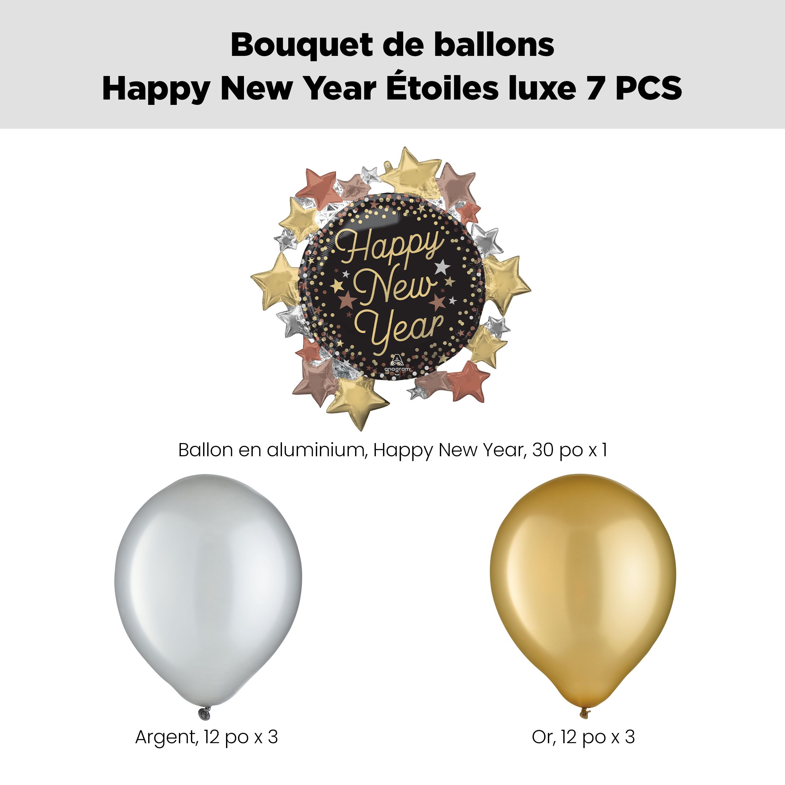 Bouquet de ballons géants de forme extraordinaire Happy New Year avec étoiles de luxe de 30 po, dorés, paq. 7, gonflage à l'hélium et ruban inclus Front_Flat