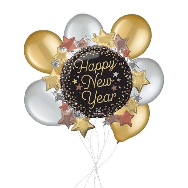 "Happy New Year" Luxe Stars Supershape Balloon Bouquet with Latex Balloons, Silver/Gold, 7-pk, Helium Inflation & Ribbon Included Front_Flat