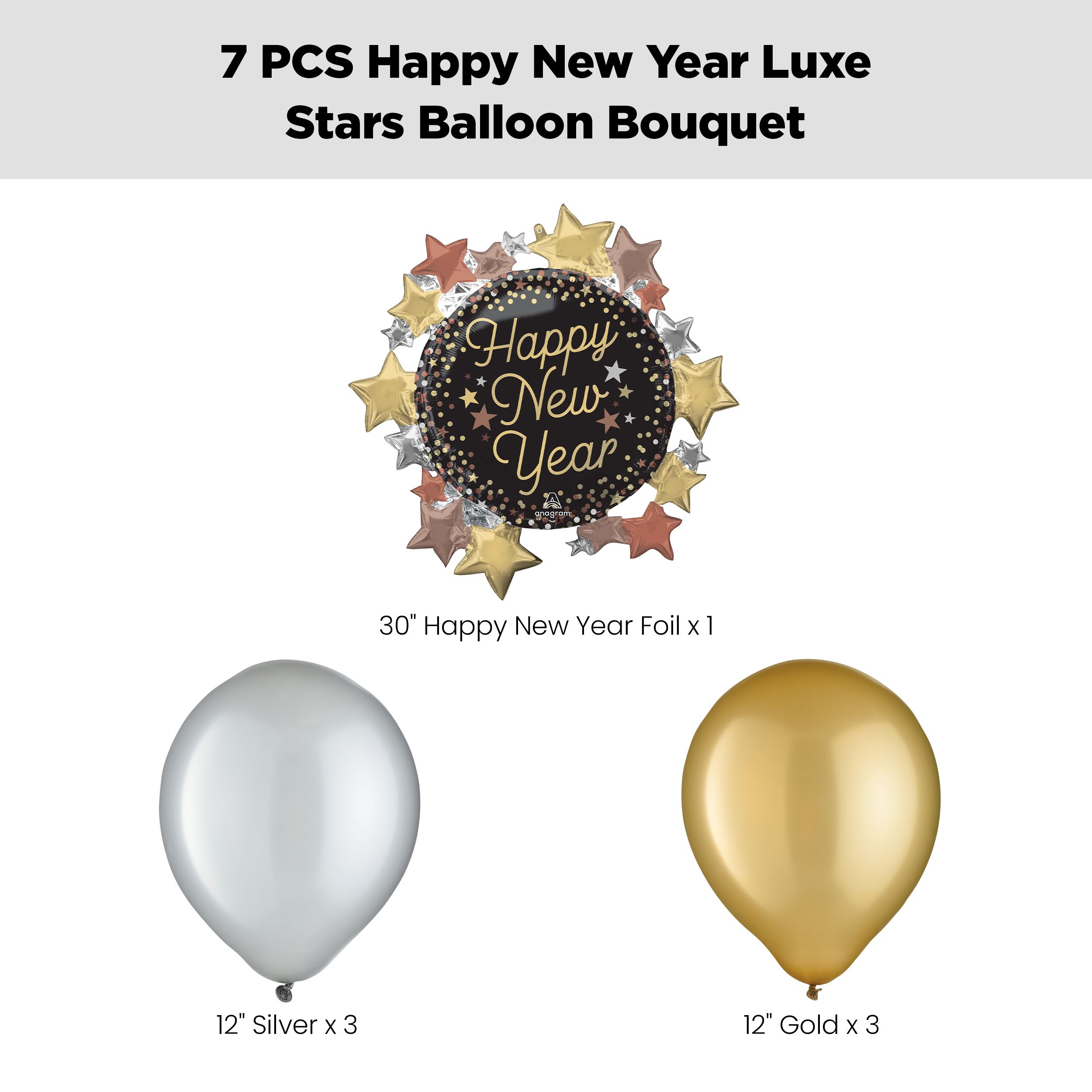 "Happy New Year" Luxe Stars Supershape Balloon Bouquet with Latex Balloons, Silver/Gold, 7-pk, Helium Inflation & Ribbon Included Front_Flat