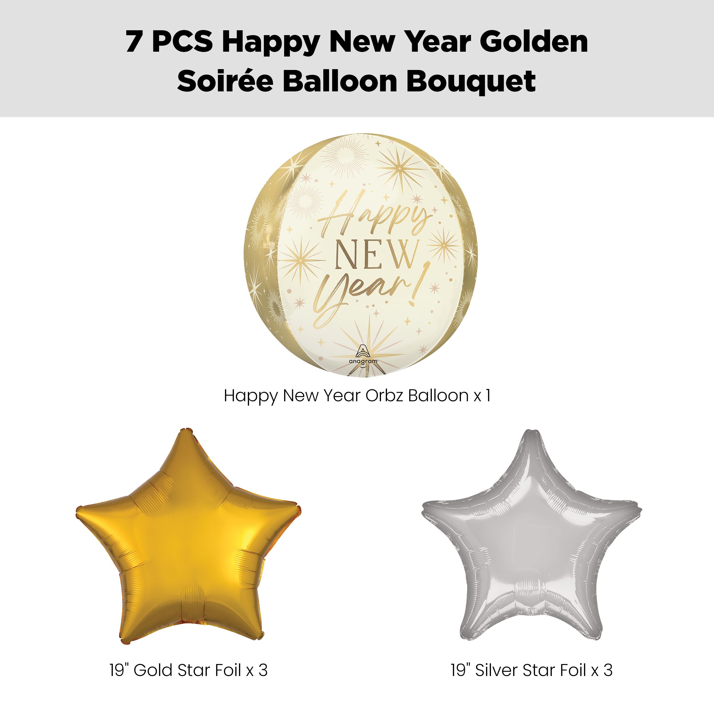 "Happy New Year!" Golden Soiree Orbz Balloon Bouquet with Star Foil Balloons, Silver/Gold, 7-pk, Helium Inflation & Ribbon Included Front_Flat