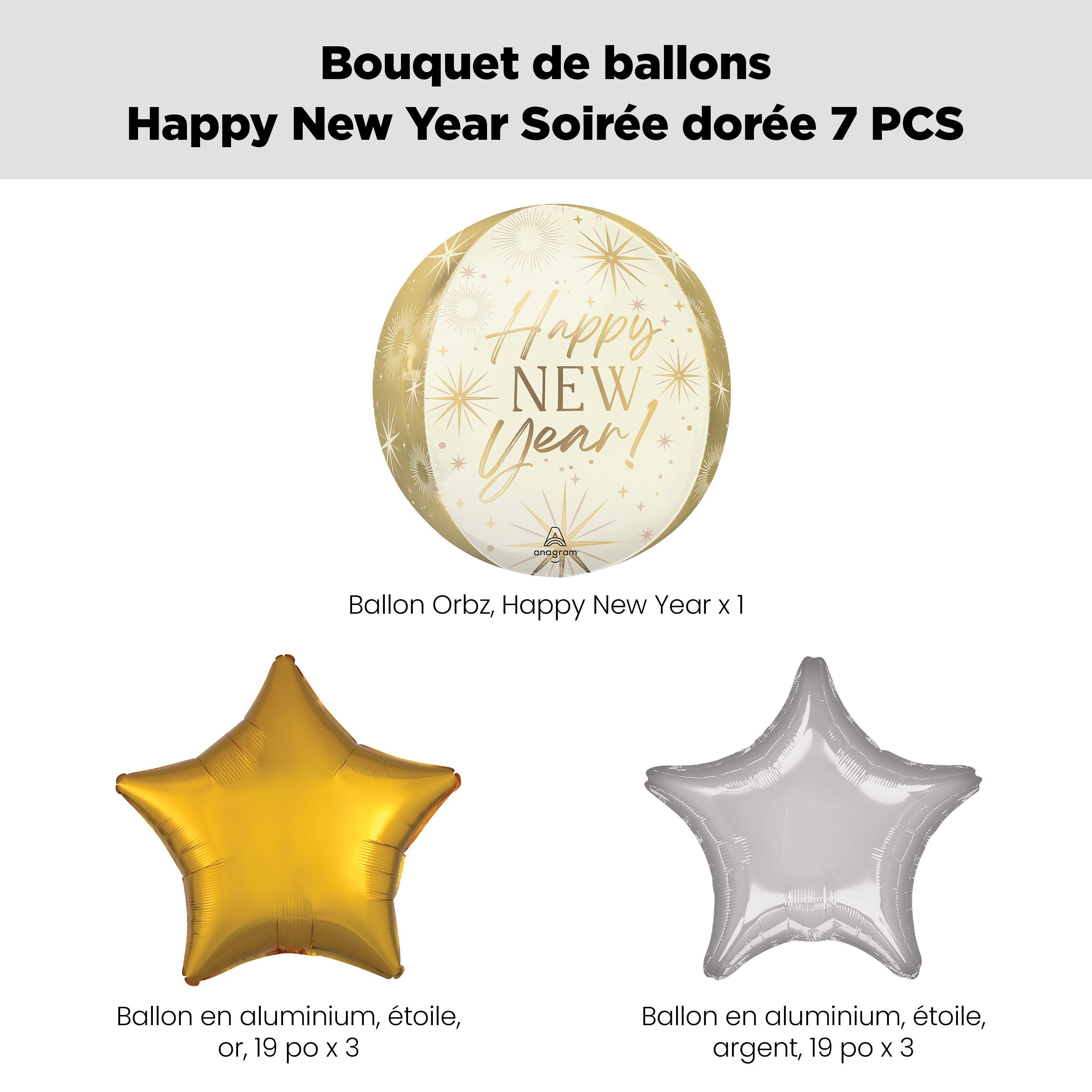 Happy New Year! Bouquet de ballons Orbz soirée en or avec ballons en aluminium en forme d'étoile, argenté/doré, paq. 7, gonflage à l'hélium et ruban inclus Front_Flat