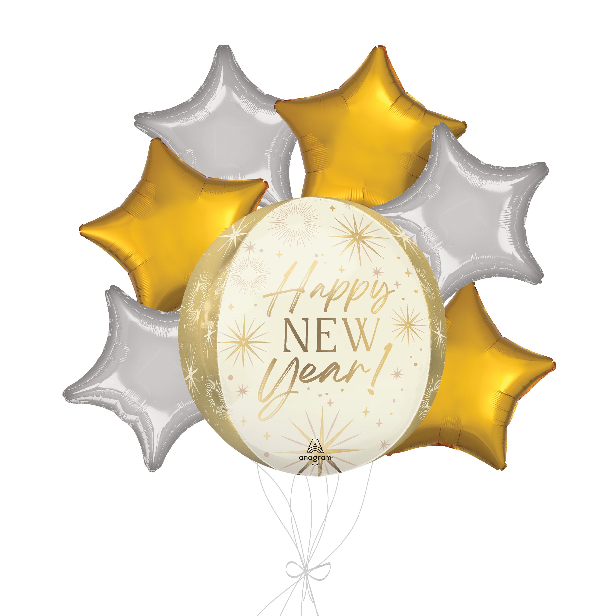 "Happy New Year!" Golden Soiree Orbz Balloon Bouquet with Star Foil Balloons, Silver/Gold, 7-pk, Helium Inflation & Ribbon Included Front_Flat