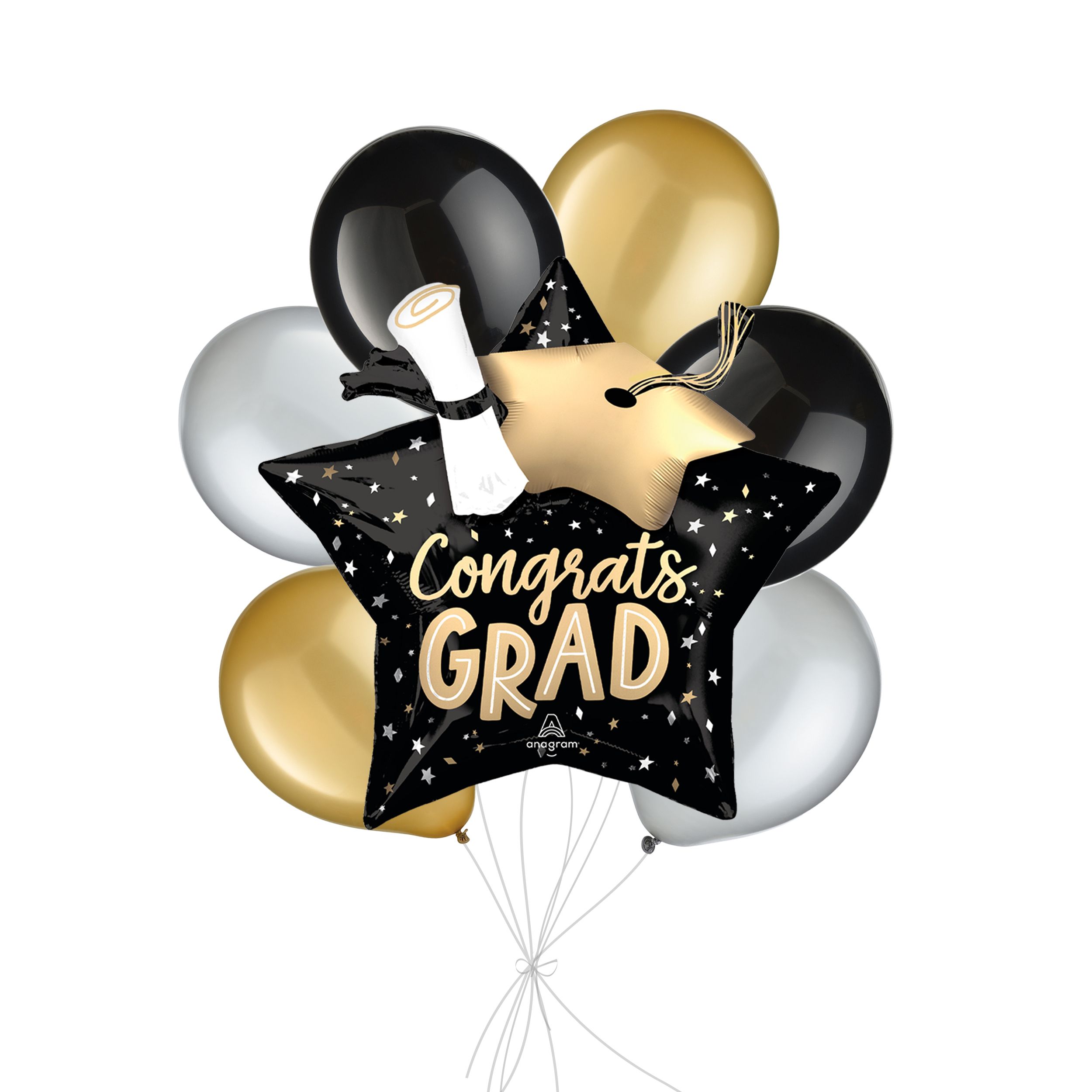 "Congrats Grad" Twirling Tassels Supershape Balloon Bouquet with Latex Balloons, Black/Gold/Silver, 7-pk, Helium Inflation & Ribbon Included Front_Flat
