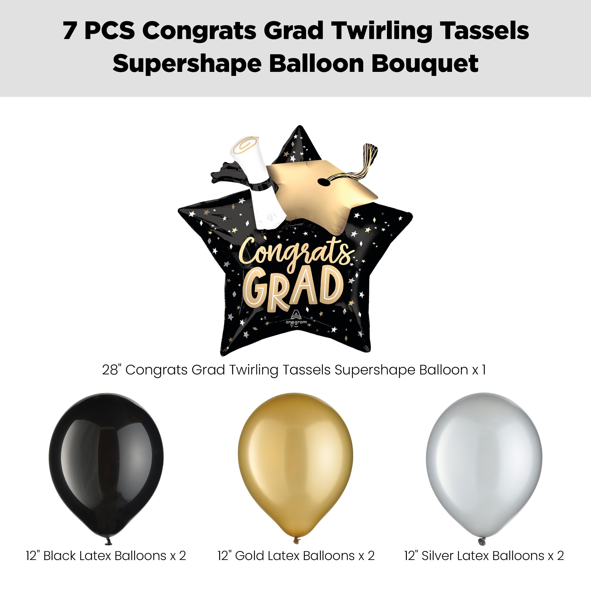 "Congrats Grad" Twirling Tassels Supershape Balloon Bouquet with Latex Balloons, Black/Gold/Silver, 7-pk, Helium Inflation & Ribbon Included Front_Flat