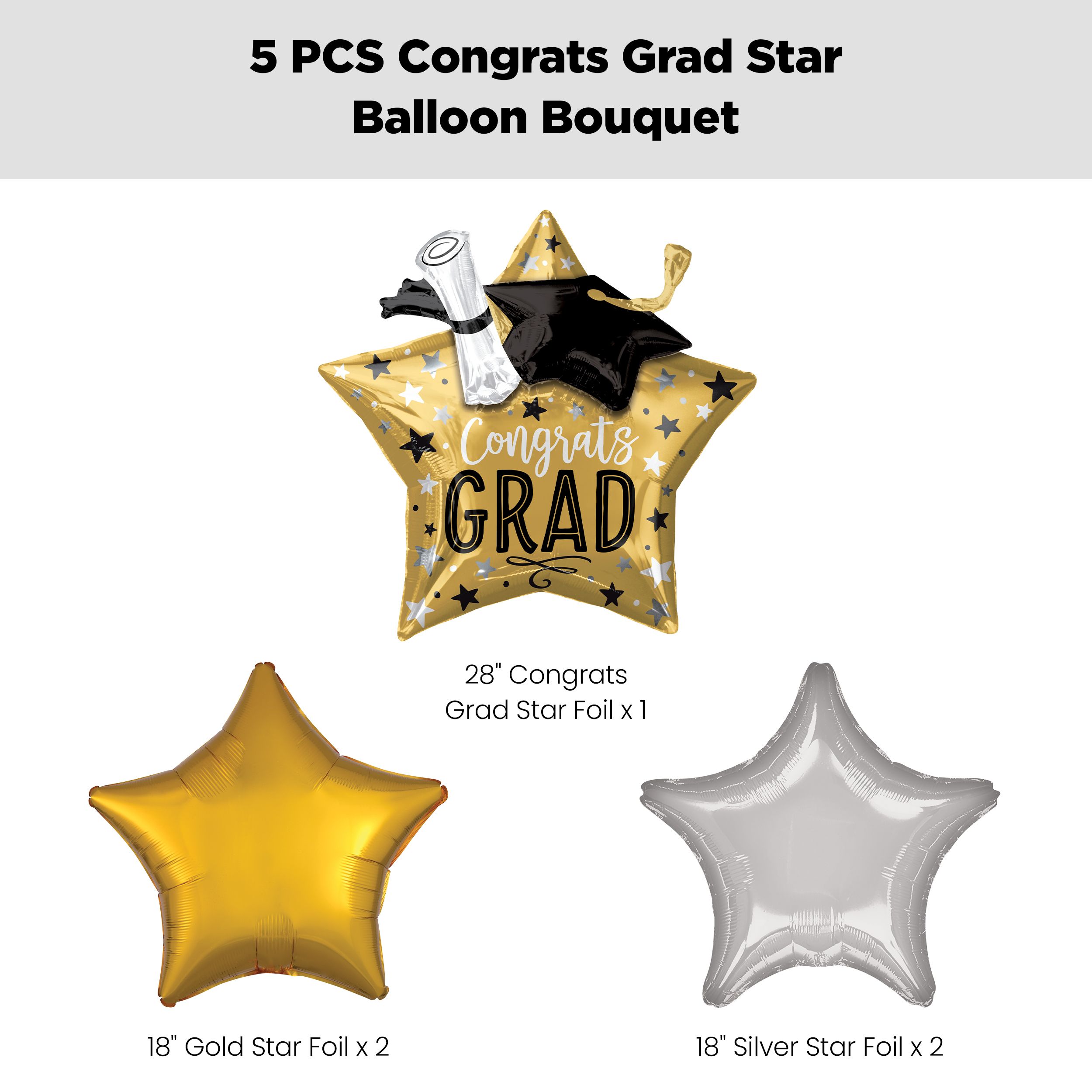 “Congrats Grad” Star Supershape Balloon Bouquet with Star Foil Balloons, Gold/Silver, 5-pk, Helium Inflation & Ribbon Included Front_Flat