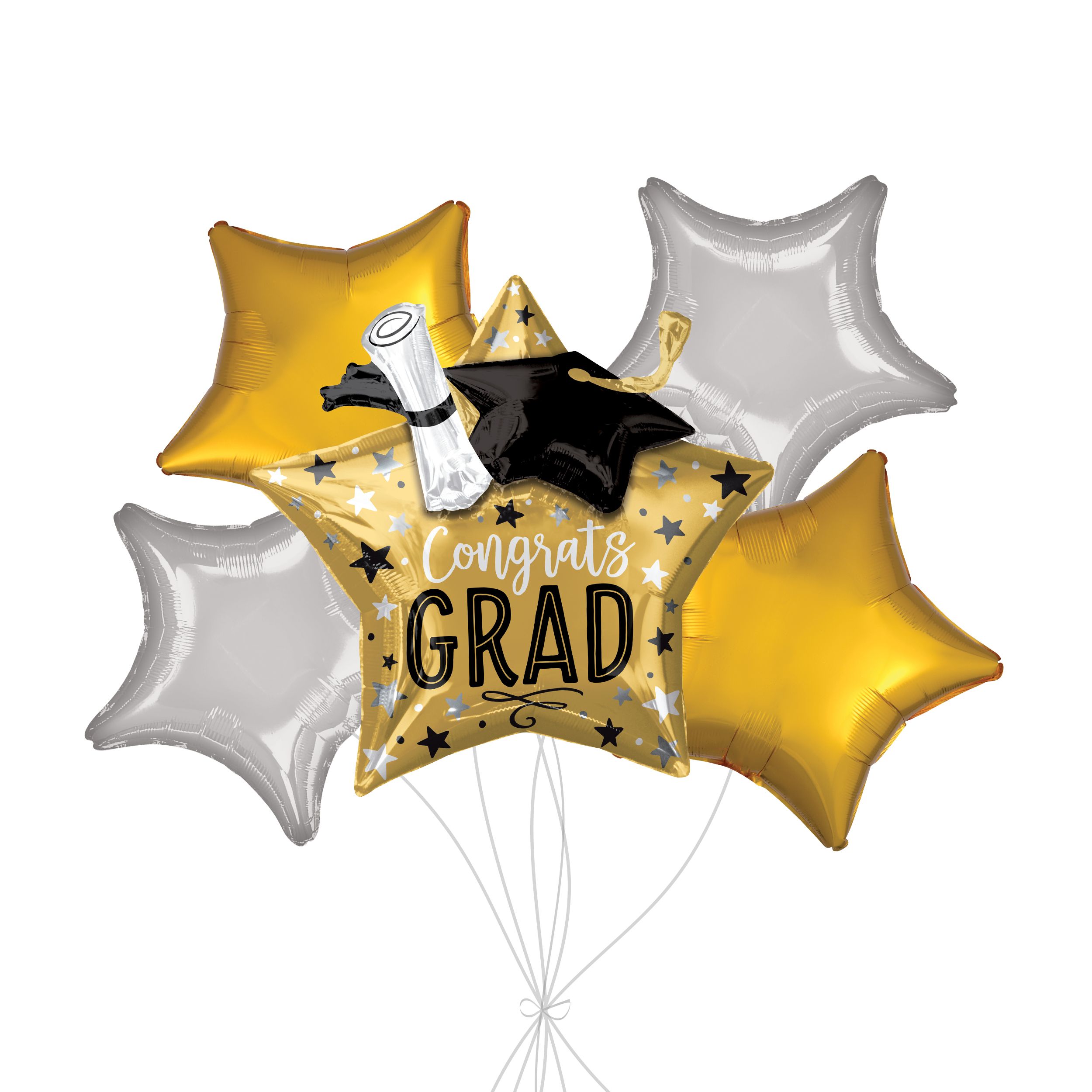 Bouquet de ballons en forme super étoiles «&nbsp;Congrats Grad!&nbsp;» avec ballons étoiles en aluminium dorés et argentés, paq. 5, gonflage à l’hélium et ruban inclus Front_Flat