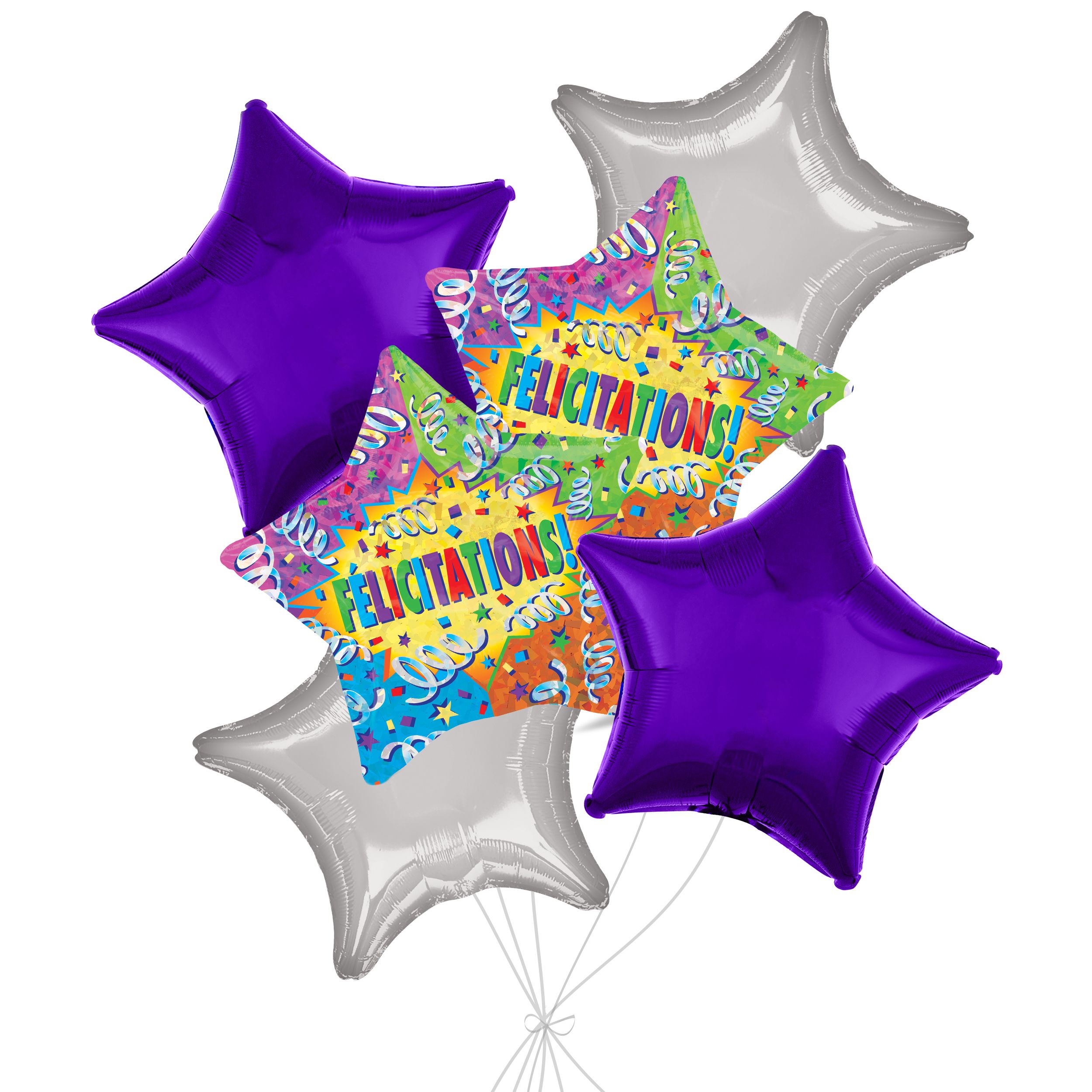 Bouquet de ballons métalliques satinés Félicitations avec ballons métalliques étoilés, multicolore, paq. 6, gonflage à l’hélium et ruban inclus Front_Flat
