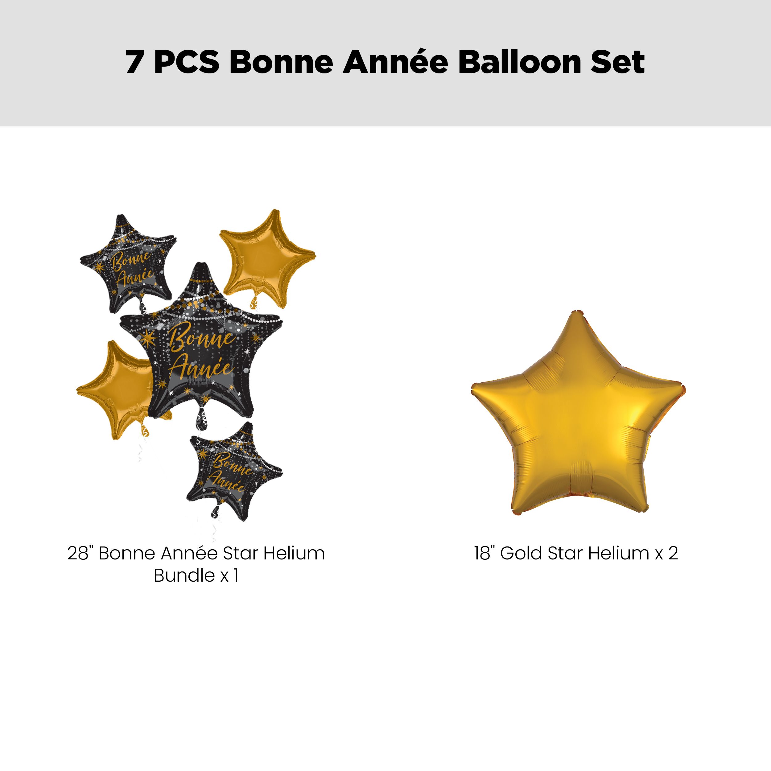 "Bonne Année" French Star Satin Foil Balloon Bouquet with Star Foil Balloons, Black/Gold, 7-pk, Helium Inflation & Ribbon Included for New Year's Eve Front_Flat
