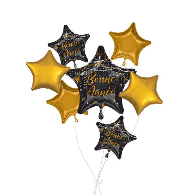 Bouquet de ballons métalliques satinés étoilés Bonne année avec ballons métalliques étoilés, noir/doré, paq. 7, gonflage à l’hélium et ruban inclus, pour veille du jour de l’An Front_Flat