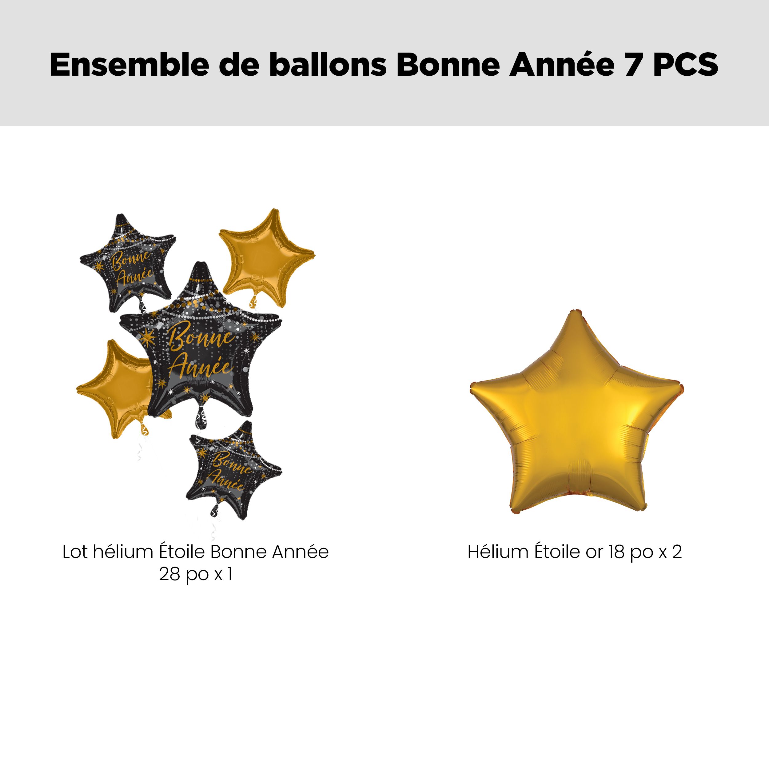 Bouquet de ballons métalliques satinés étoilés Bonne année avec ballons métalliques étoilés, noir/doré, paq. 7, gonflage à l’hélium et ruban inclus, pour veille du jour de l’An Front_Flat