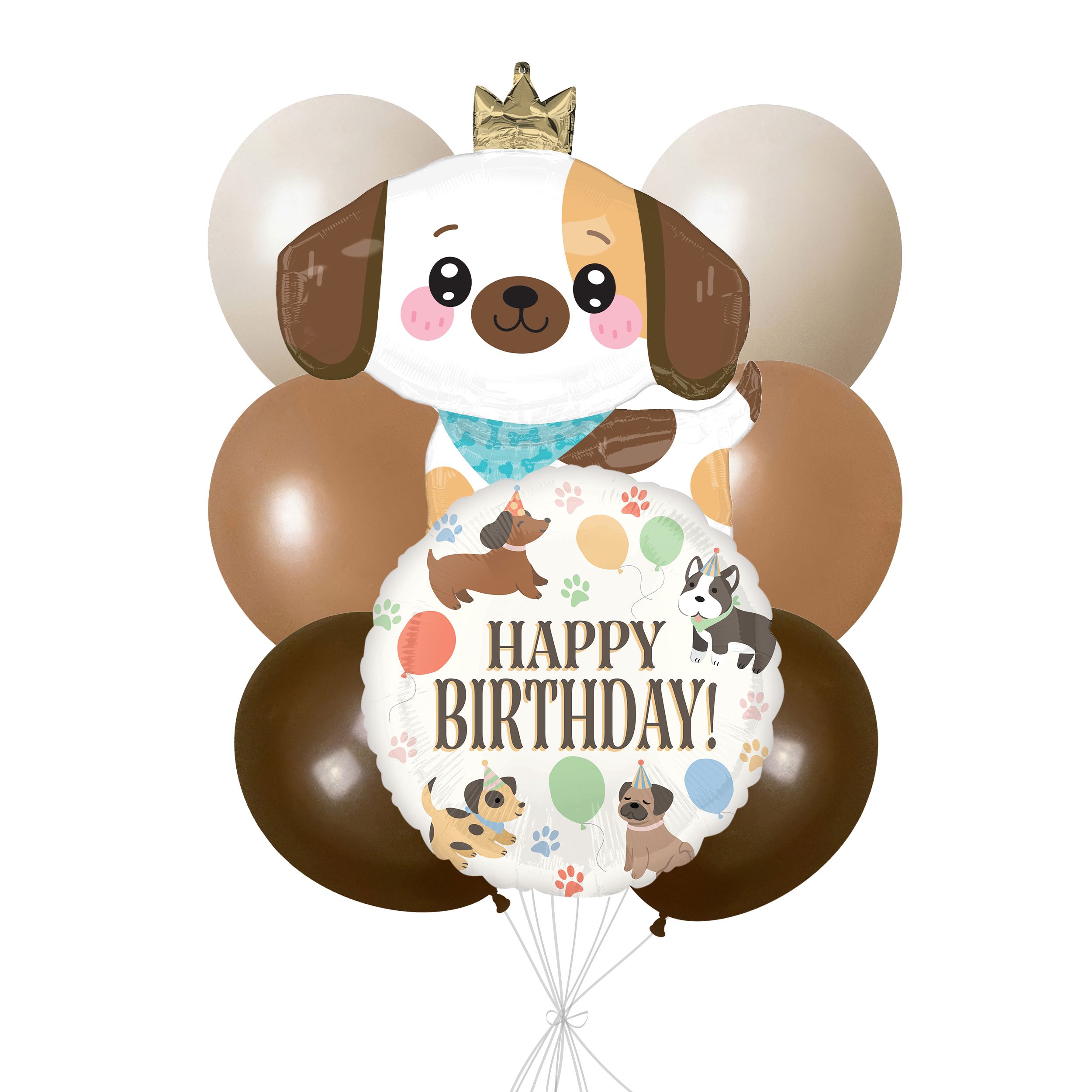Bouquet de ballons avec ballon Supershape « Happy Birthday! », chiot Kawaii, et ballons en latex, sable blanc, kaki et brun chocolat, paq. 8, gonflage à l’hélium et ruban compris Front_Flat