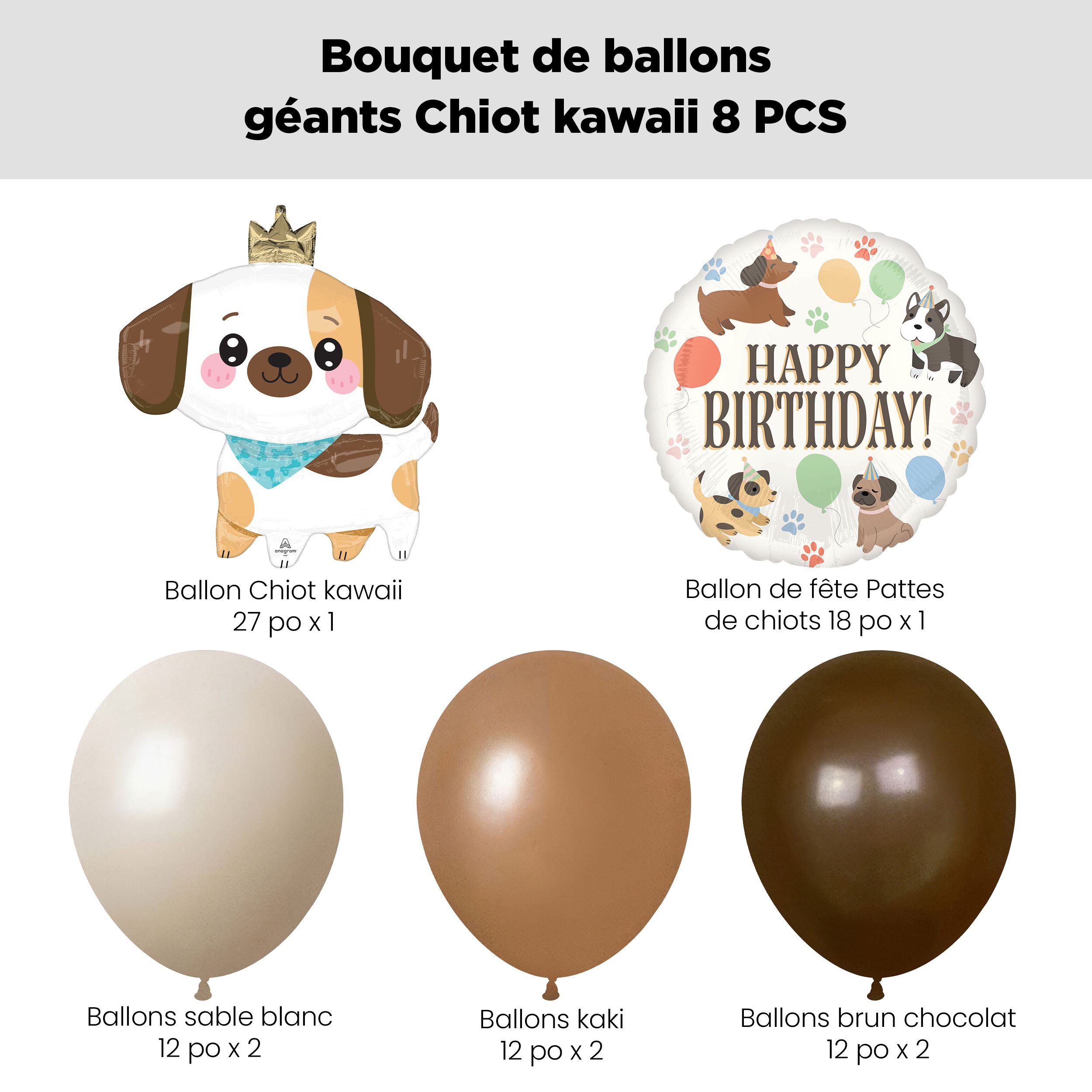 Bouquet de ballons avec ballon Supershape « Happy Birthday! », chiot Kawaii, et ballons en latex, sable blanc, kaki et brun chocolat, paq. 8, gonflage à l’hélium et ruban compris Front_Flat