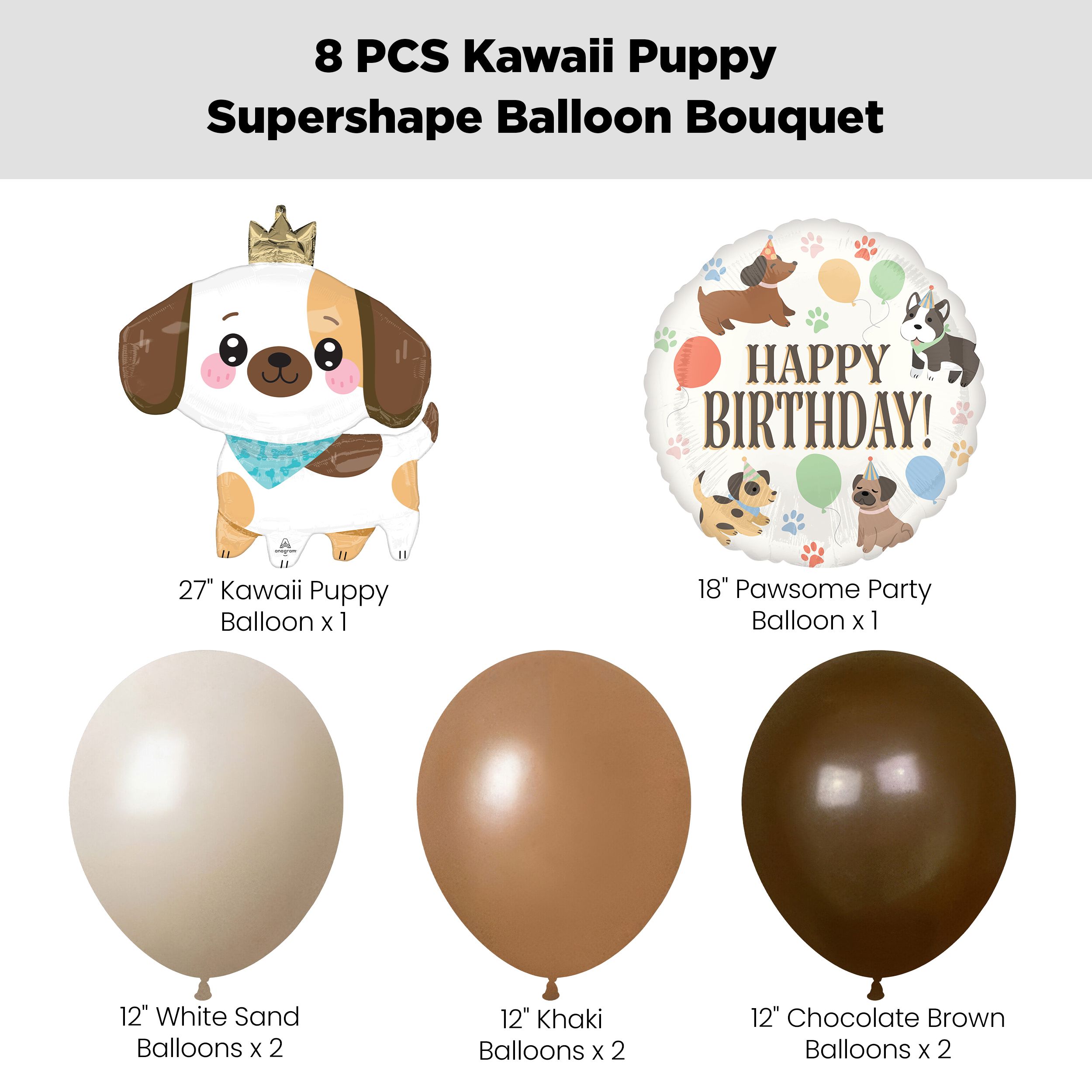 "Happy Birthday!" Kawaii Puppy Supershape Balloon Bouquet with Latex Balloons, White Sand/Khaki/Chocolate Brown, 8-pk, Helium Inflation & Ribbon Included Front_Flat