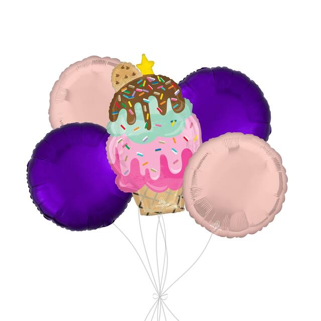 Here's the Scoop Cone Supershape Balloon Bouquet with Round Foil Balloons, Purple/Pink, 5-pk, Helium Inflation & Ribbon Included Front_Flat