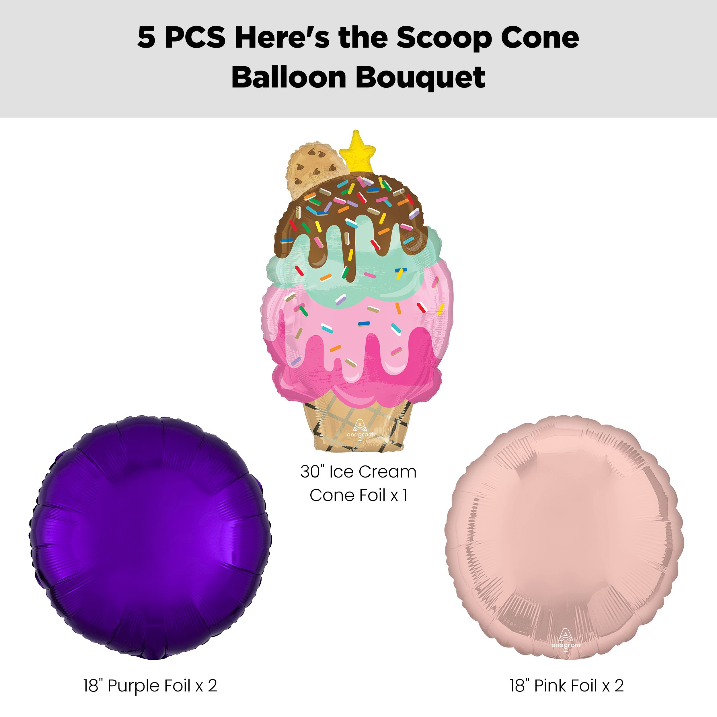 Here's the Scoop Cone Supershape Balloon Bouquet with Round Foil Balloons, Purple/Pink, 5-pk, Helium Inflation & Ribbon Included Front_Flat