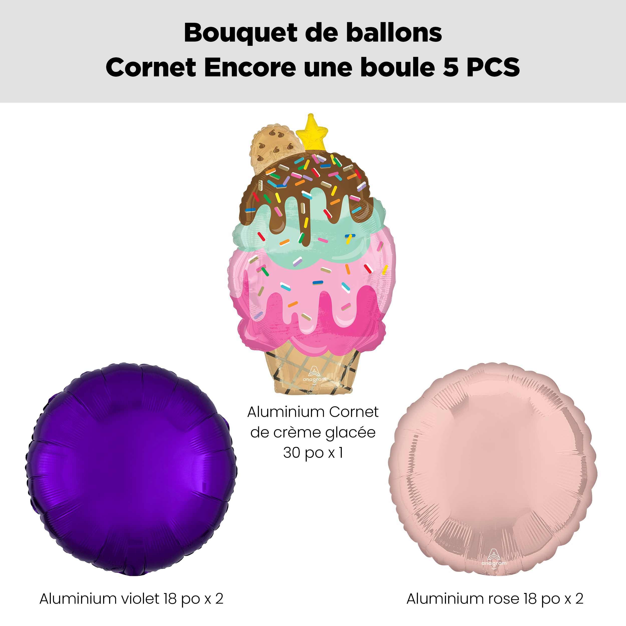 Bouquet de ballons avec cornet de crème glacée Here’s the Scoop avec ballons en aluminium violets et roses, 5&nbsp;pièces, gonflage à l’hélium et ruban compris Front_Flat