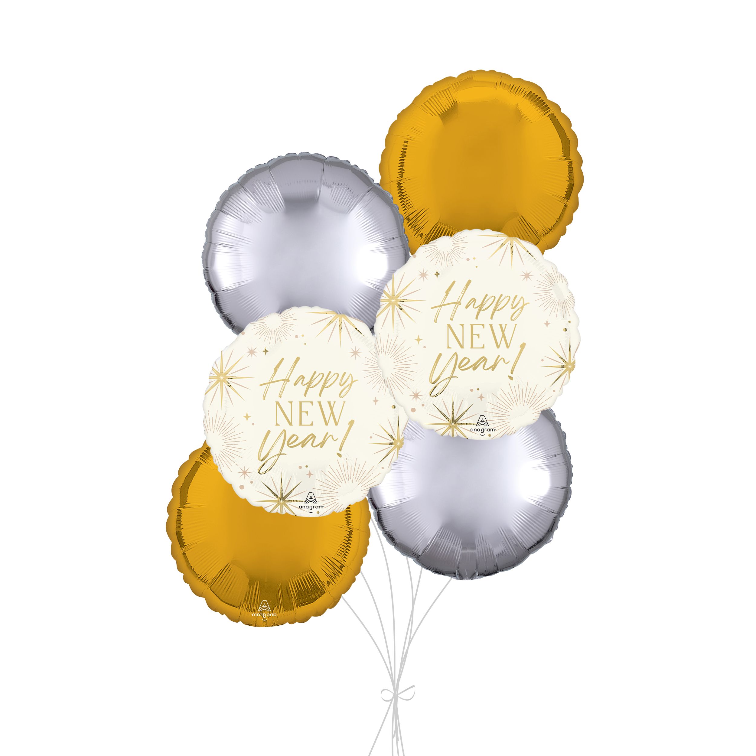 "Happy New Year!" Golden Soiree Balloon Bouquet with Round Foil Balloons, Silver/Gold, 6-pk, Helium Inflation & Ribbon Included Front_Flat