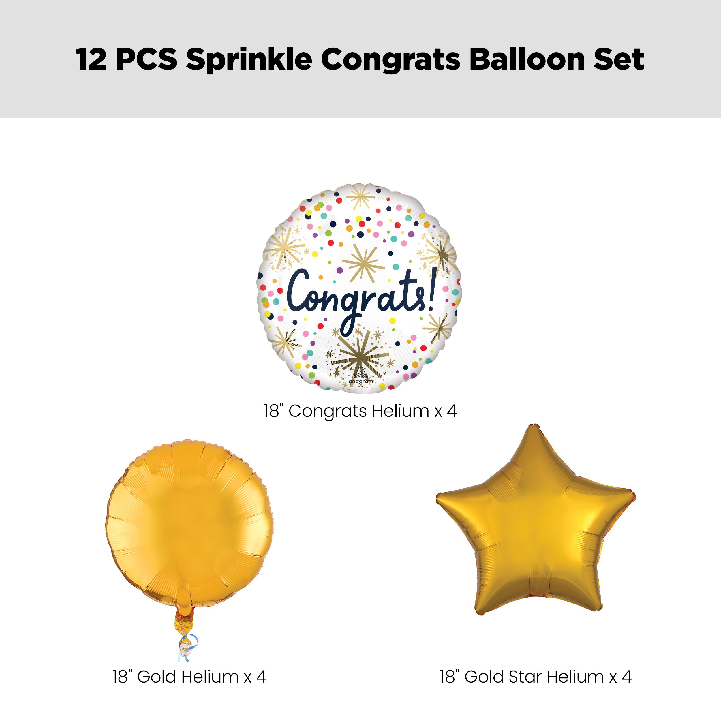"Congrats" Round Confetti Polka Dot Satin Foil Balloon Bouquet with Round & Star Foil Balloons, Multi-Coloured, 12-pk, Helium Inflation & Ribbon Included Front_Flat