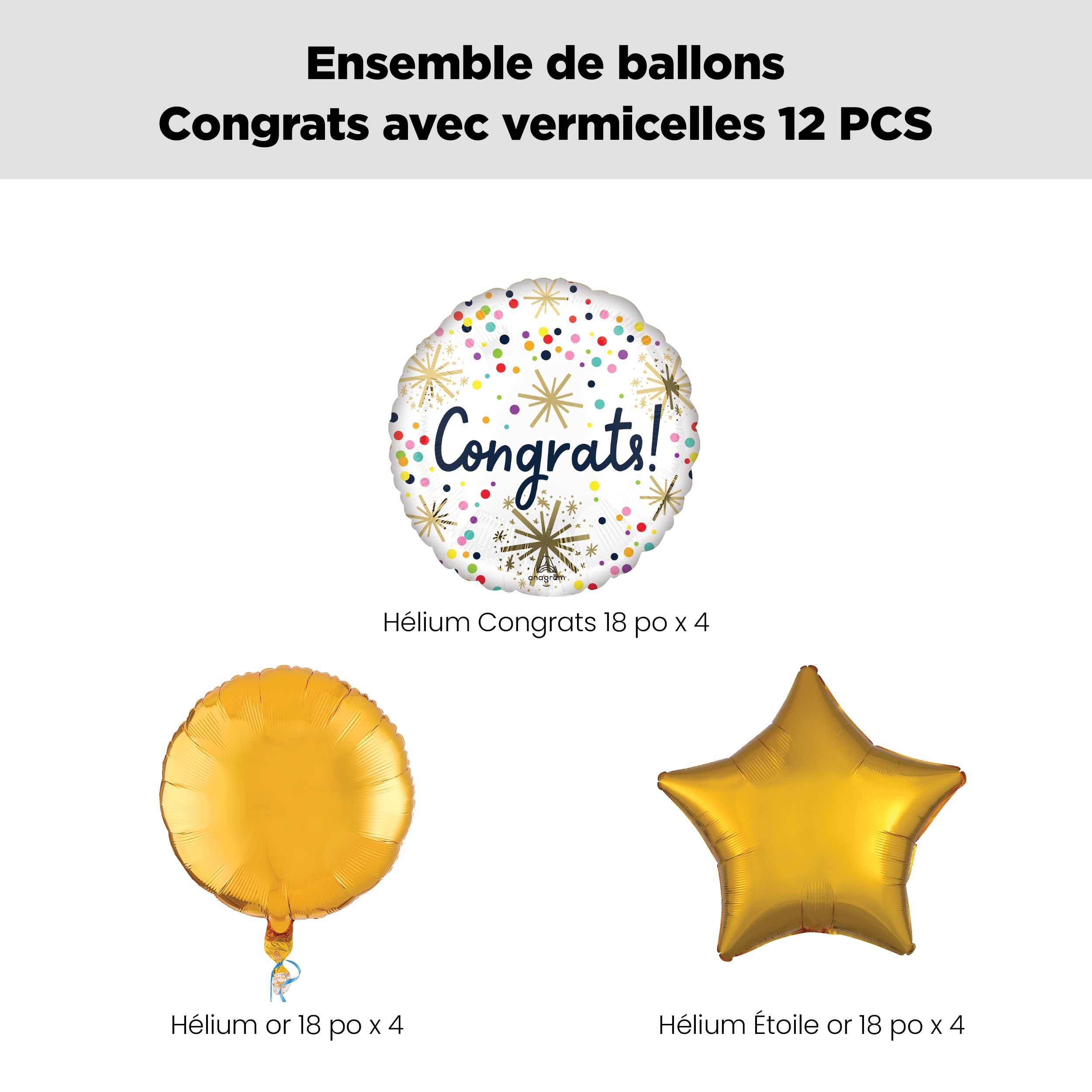 Bouquet de ballons métalliques satinés ronds à pois et confettis Congrats avec ballons métalliques ronds et étoilés, multicolore, paquet de 12, gonflage à l’hélium et ruban inclus Front_Flat