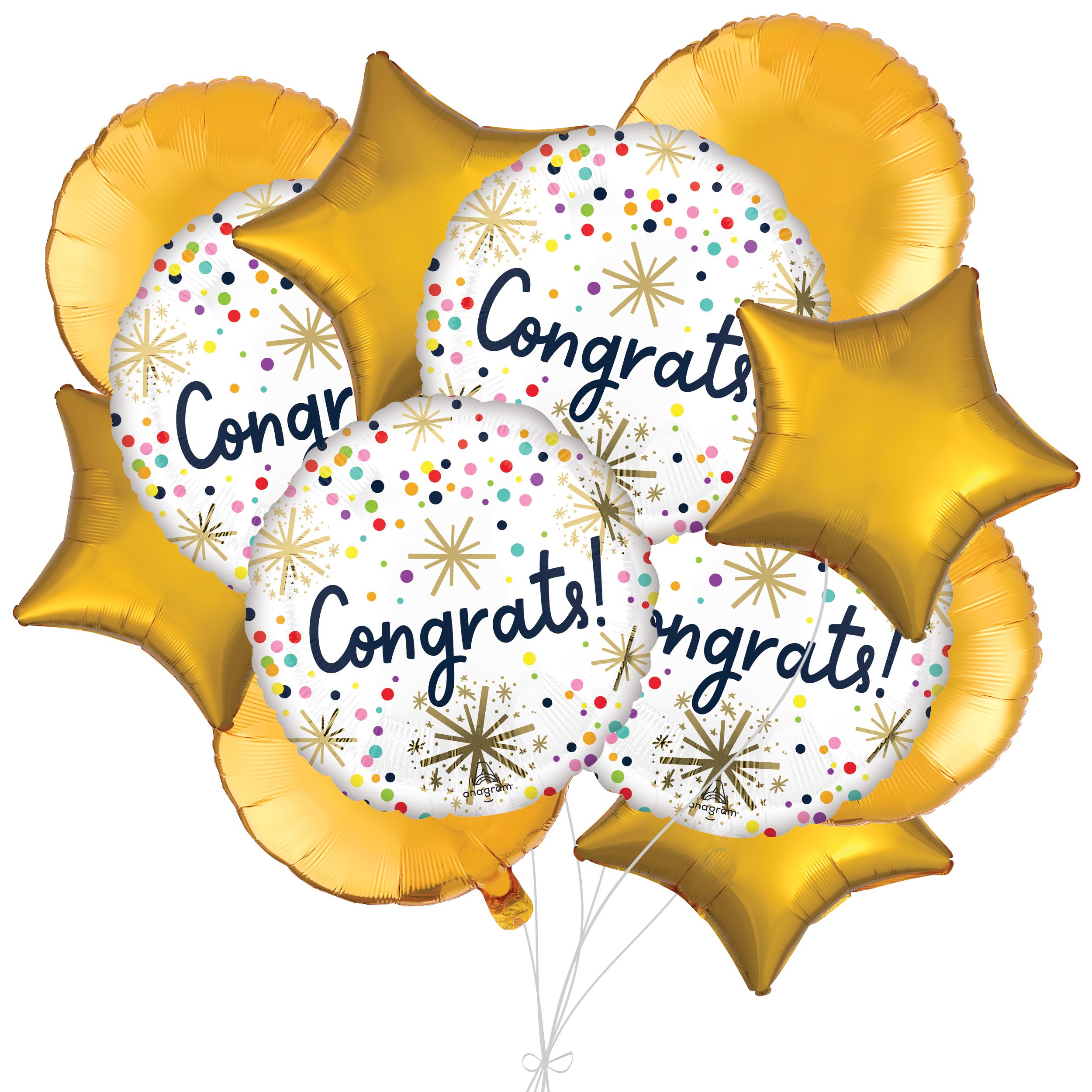 Bouquet de ballons métalliques satinés ronds à pois et confettis Congrats avec ballons métalliques ronds et étoilés, multicolore, paquet de 12, gonflage à l’hélium et ruban inclus Front_Flat