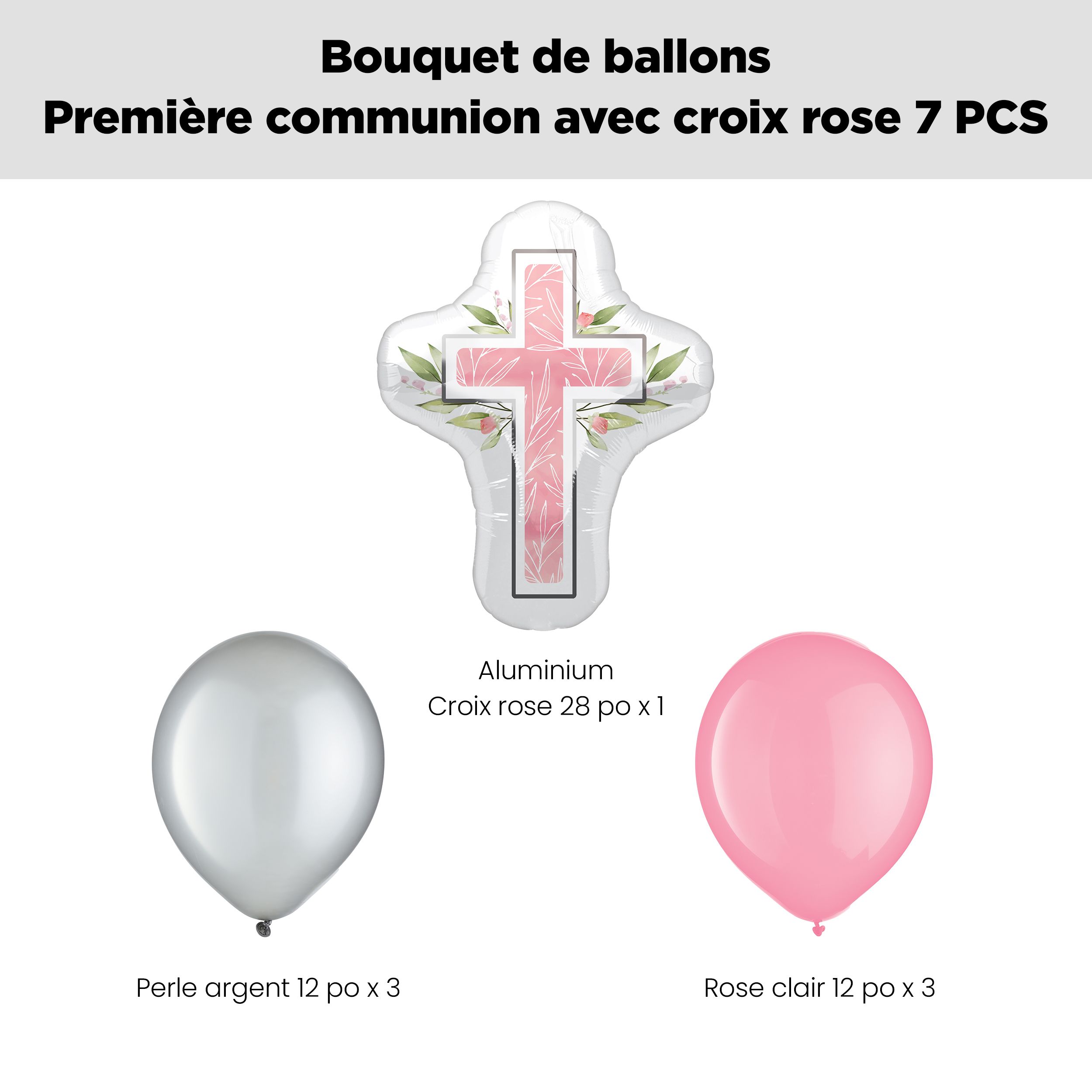 Bouquet de ballons en forme super de première communion en forme de croix rose avec ballons en latex argentés et roses, paq.&nbsp;7, gonflage à l’hélium et ruban inclus Front_Flat