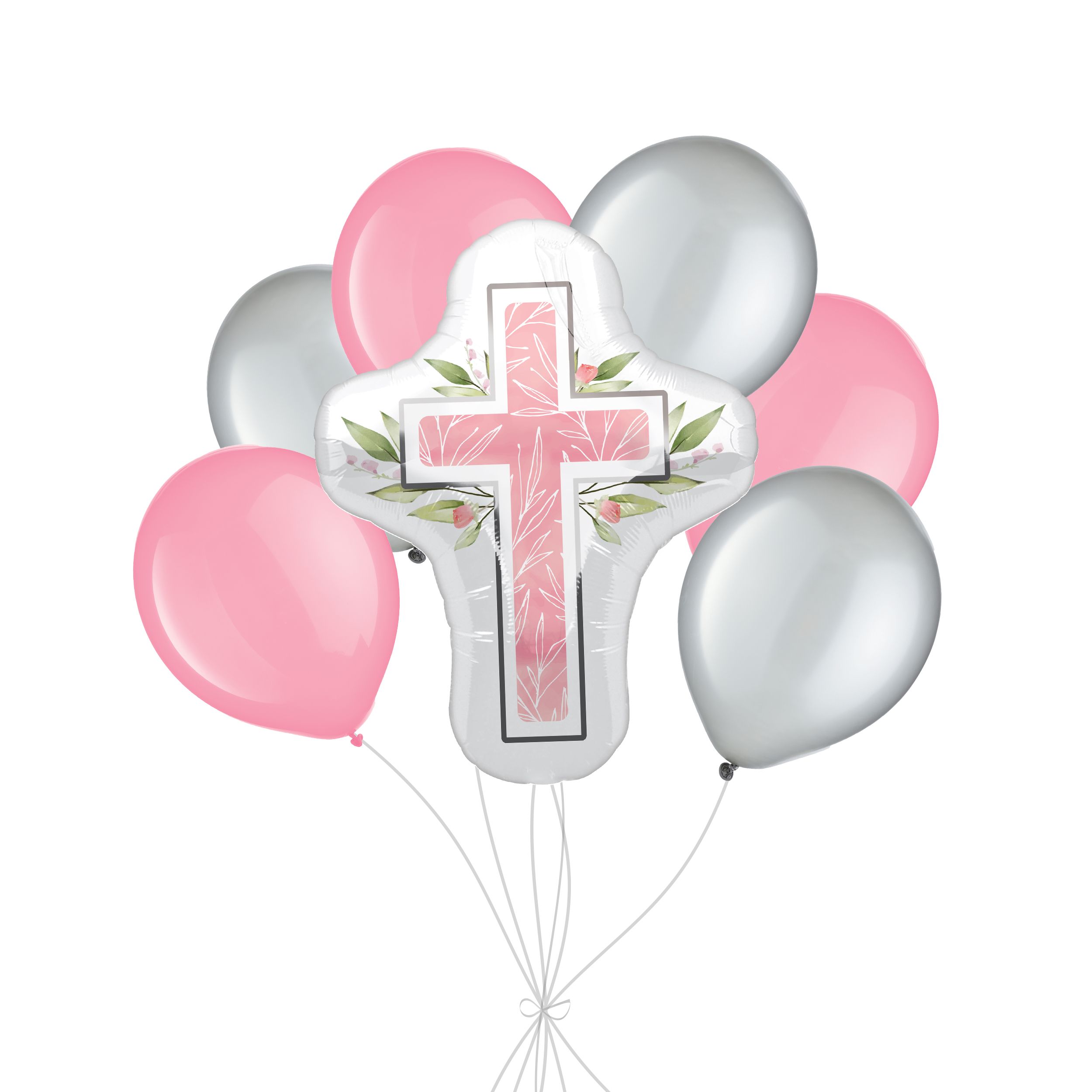 Bouquet de ballons en forme super de première communion en forme de croix rose avec ballons en latex argentés et roses, paq.&nbsp;7, gonflage à l’hélium et ruban inclus Front_Flat