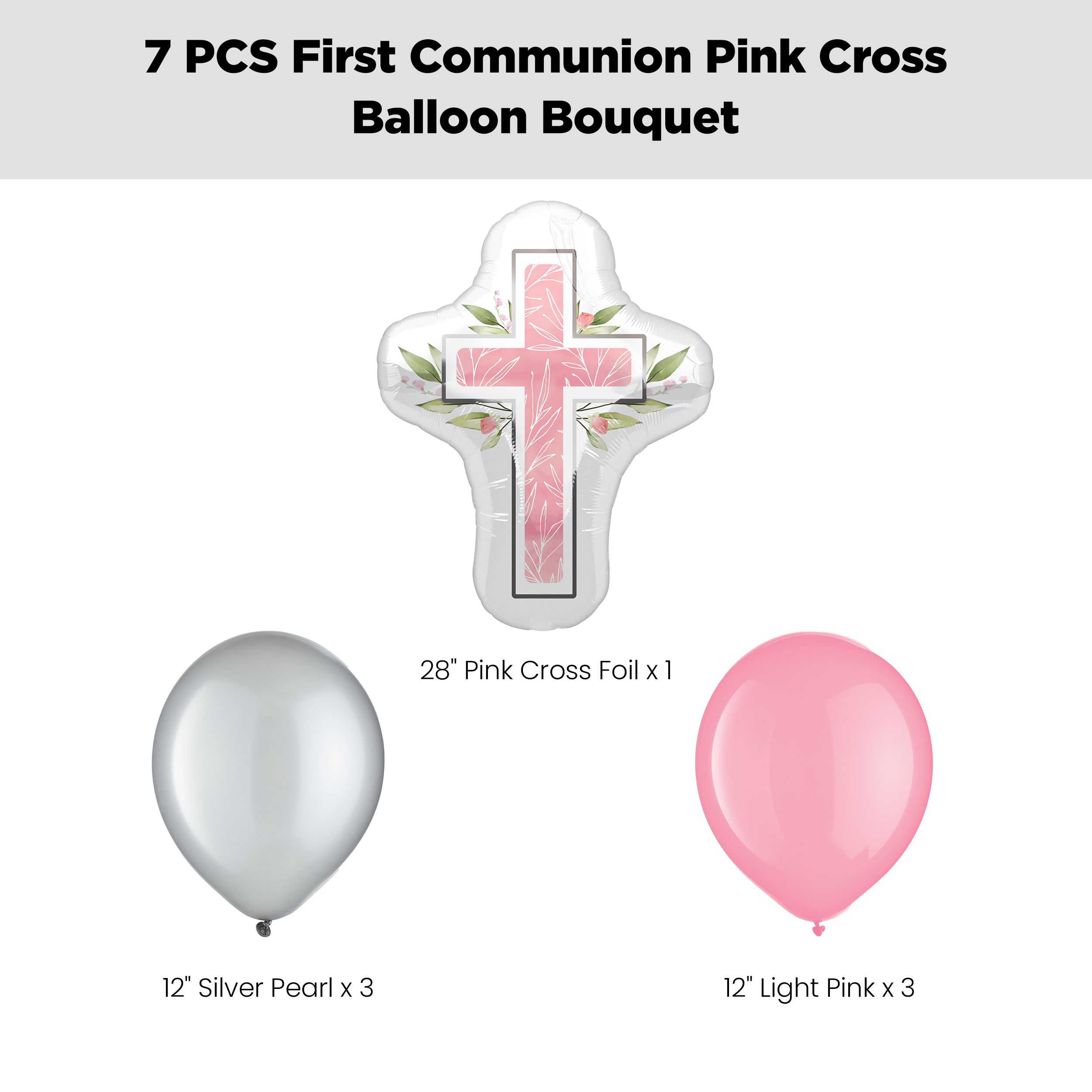 First Communion Pink Cross Supershape Balloon Bouquet with Latex Balloons, Silver/Pink, 7-pk, Helium Inflation & Ribbon Included Front_Flat