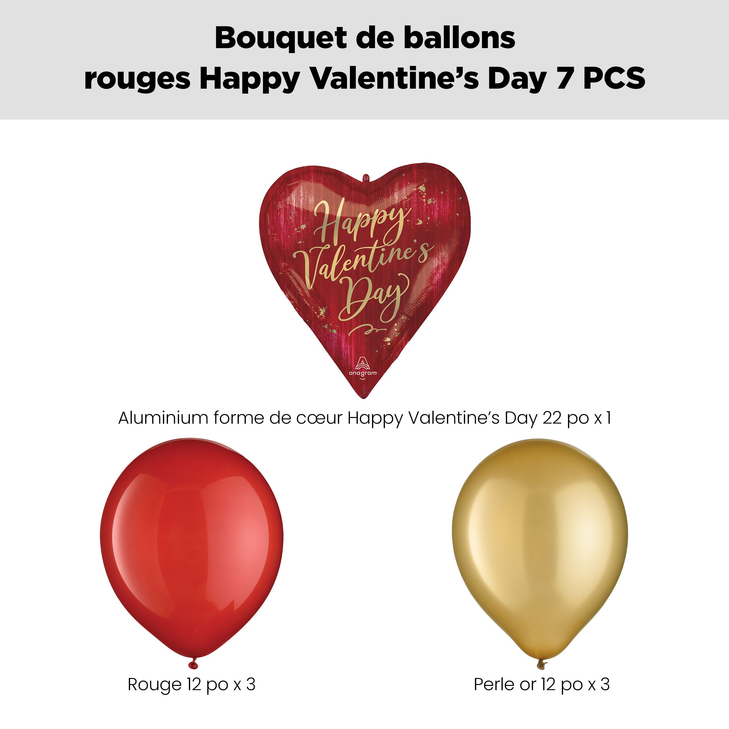 Bouquet de ballons de forme extraordinaire Happy Valentine's Day rouge avec ballons en latex, rouge/doré, paq. 7, gonflage à l'hélium et ruban inclus Front_Flat