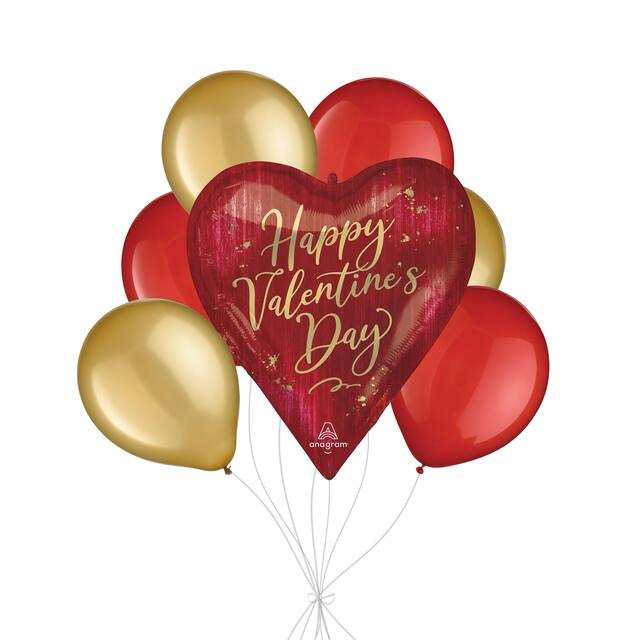 Bouquet de ballons de forme extraordinaire Happy Valentine's Day rouge avec ballons en latex, rouge/doré, paq. 7, gonflage à l'hélium et ruban inclus Front_Flat