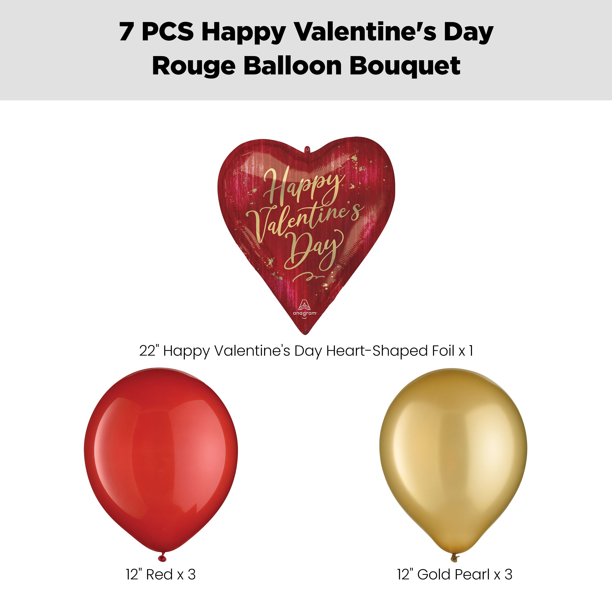 “Happy Valentine's Day” Rouge Supershape Balloon Bouquet with Latex Balloons, Red/Gold, 7-pk, Helium Inflation & Ribbon Included Front_Flat