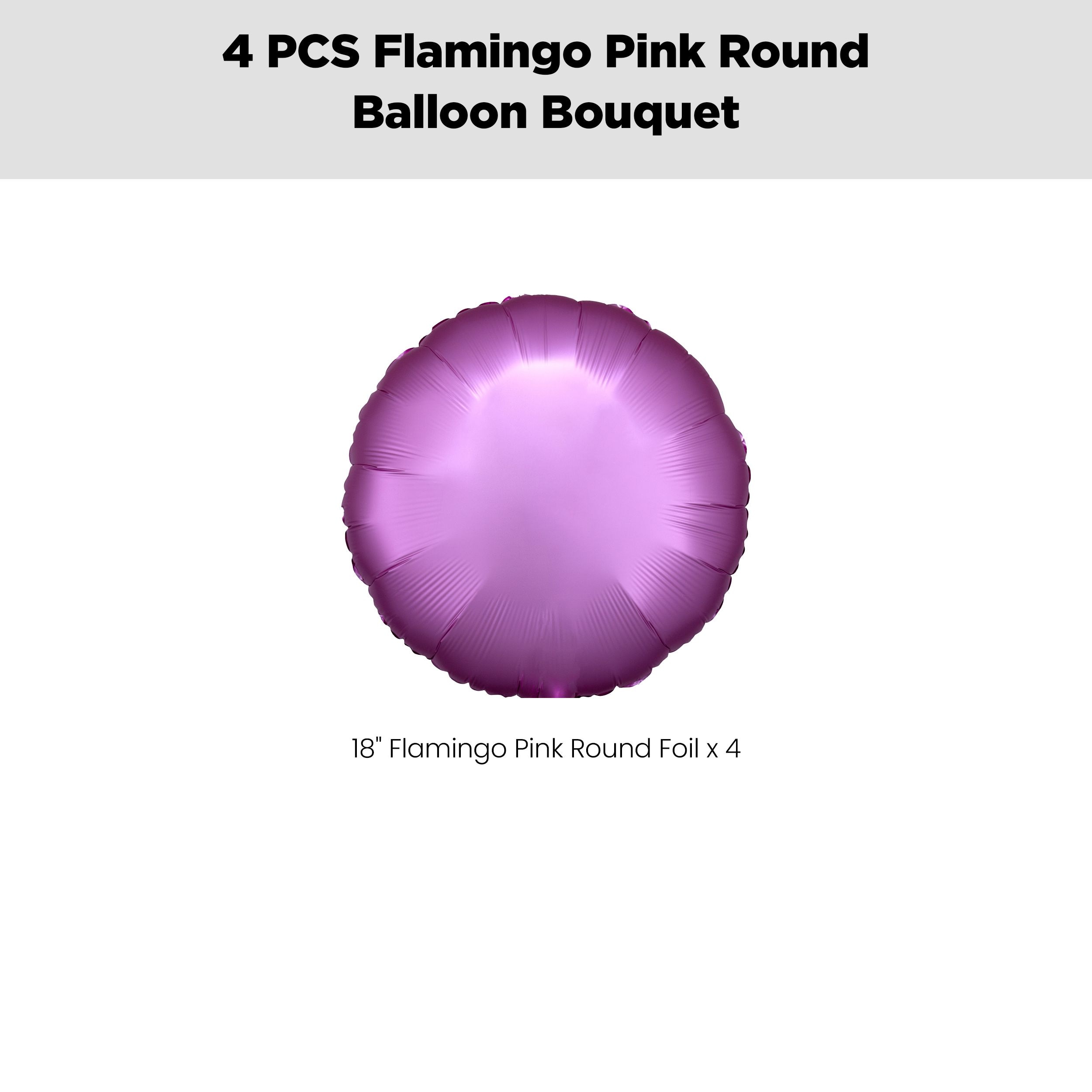 Round Foil Balloon Bouquet, Flamingo Pink, 4-pk, Helium Inflation & Ribbon Included for Birthday/Special Occasion Front_Flat
