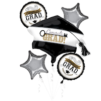 "Congrats Grad" Graduation Cap Satin Foil Balloon Bouquet, Silver/Black, 5-pk, Helium Inflation & Ribbon Included for Graduation Front_Flat