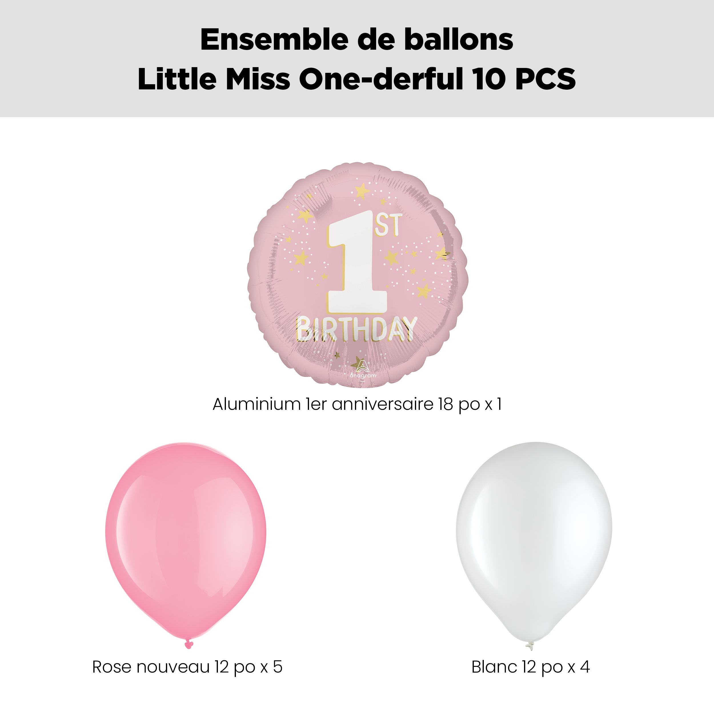 Bouquet de ballon Little Miss One-derful 1st Birthday avec ballons en latex roses et blancs, 10 pièces, gonflement à l'hélium et ruban inclus Front_Flat