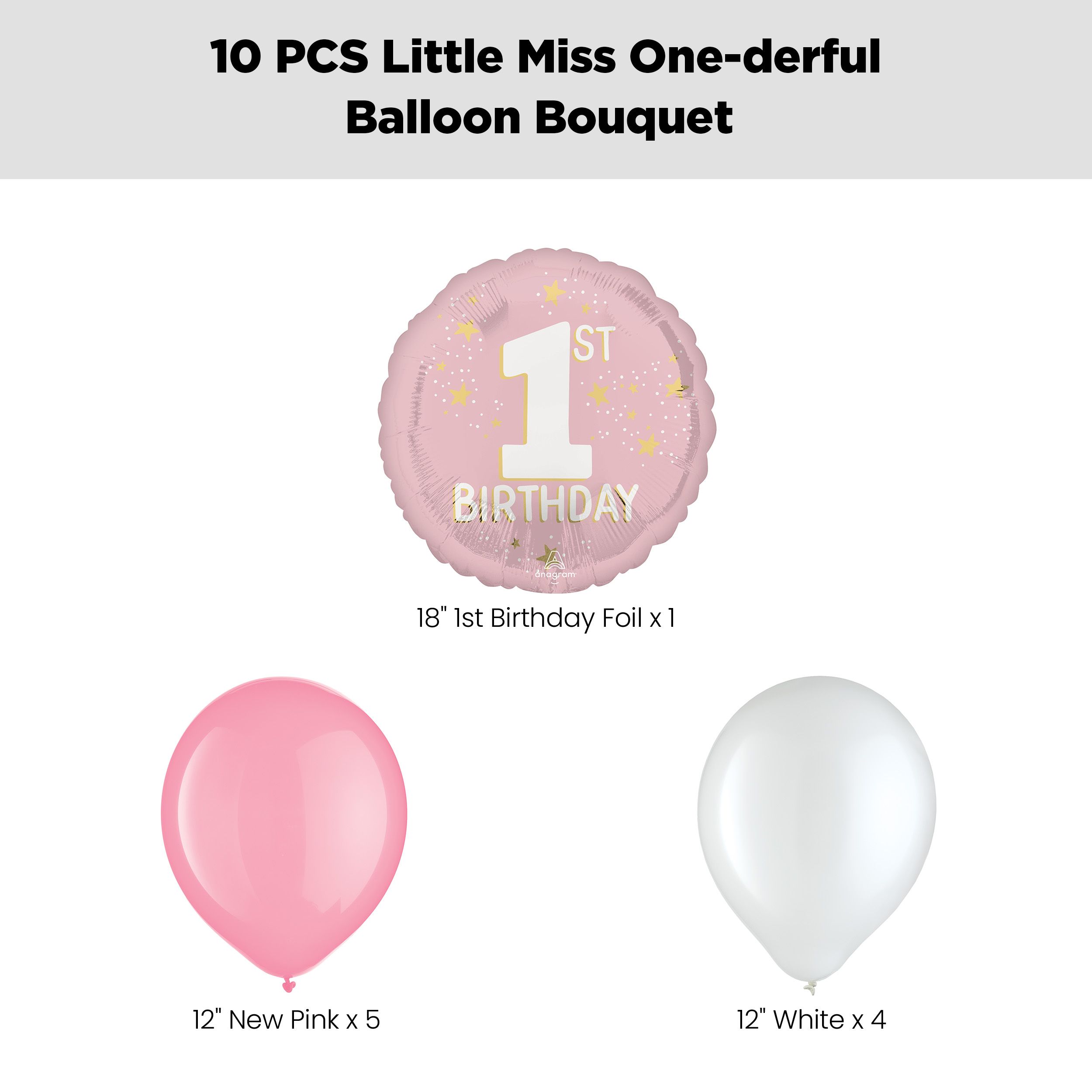 "1st Birthday" Little Miss One-derful Balloon Bouquet with Latex Balloons, Pink/White, 10-pk, Helium Inflation & Ribbon Included Front_Flat