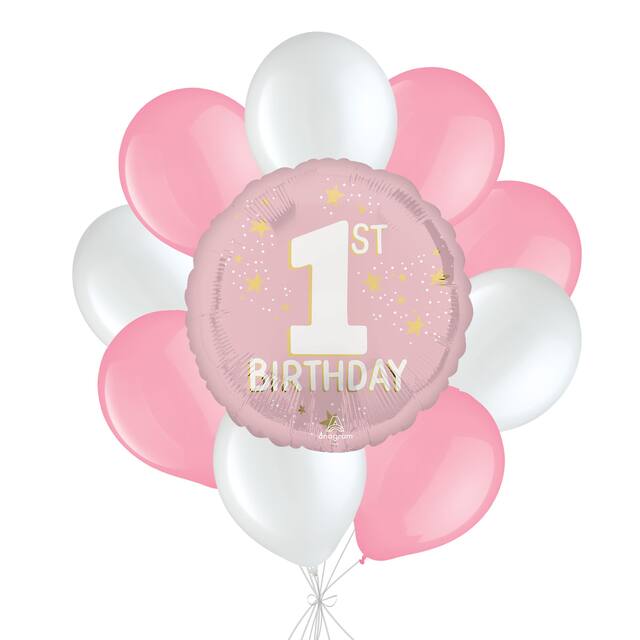 "1st Birthday" Little Miss One-derful Balloon Bouquet with Latex Balloons, Pink/White, 10-pk, Helium Inflation & Ribbon Included Front_Flat