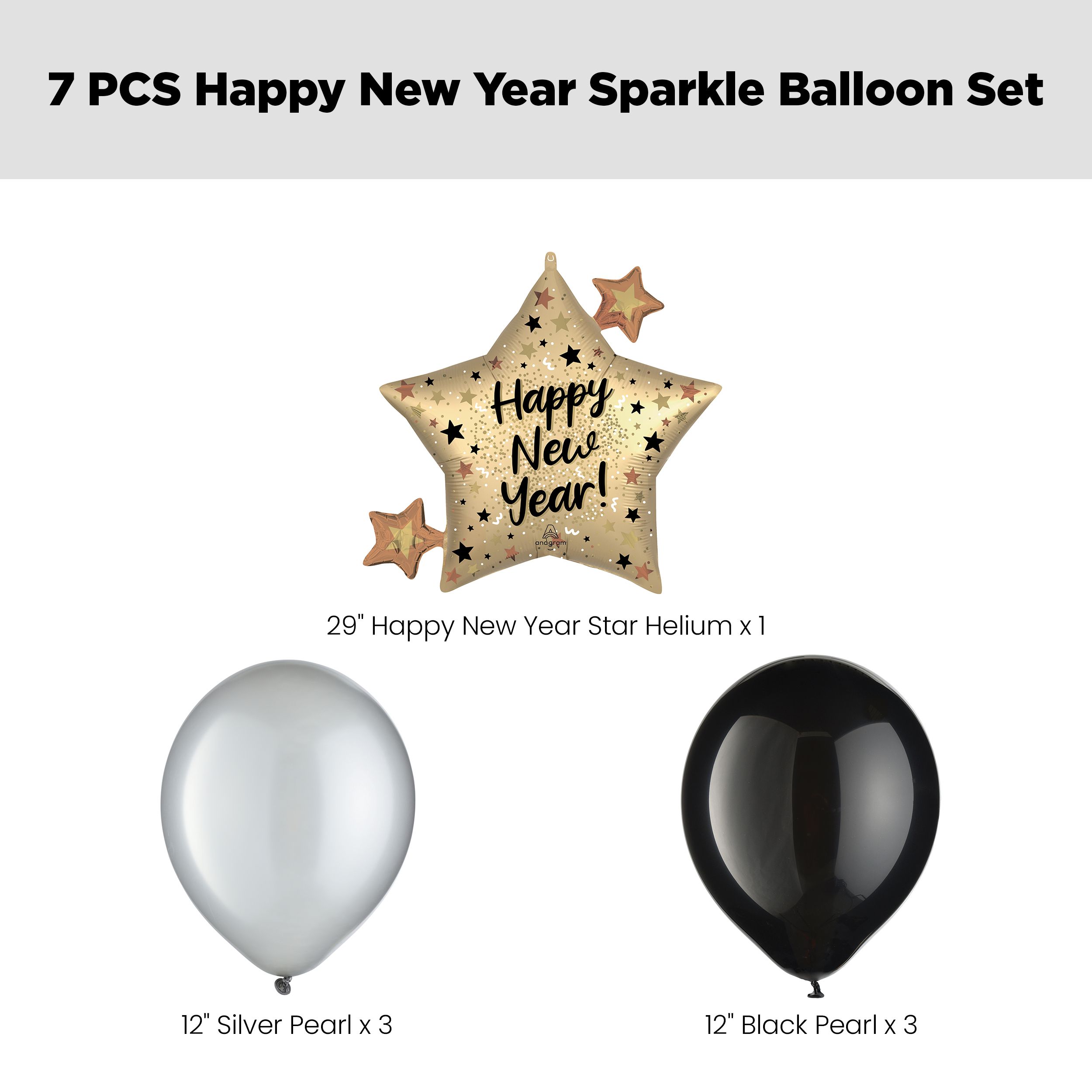 "Happy New Year" Natural Sparkle Star Satin Foil Supershape Balloon Bouquet with Pearl Latex Balloons, Silver/Black, 7-pk, Helium Inflation & Ribbon Included Front_Flat