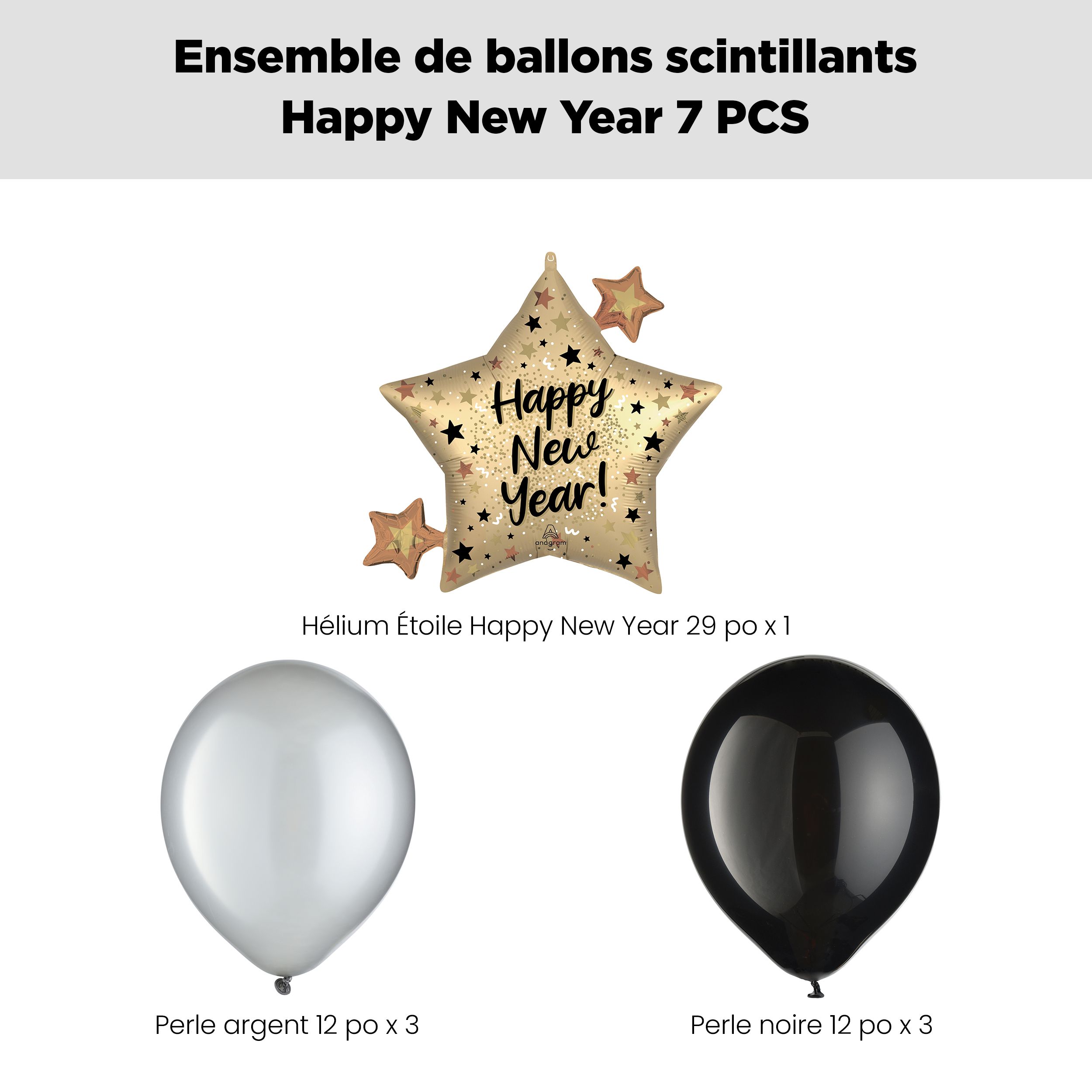 Bouquet de ballons géants étoilés brillants Happy New Year avec ballons en latex nacrés, argenté/noir, paq. 7, gonflage à l’hélium et ruban inclus Front_Flat