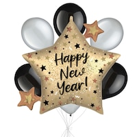 "Happy New Year" Natural Sparkle Star Satin Foil Supershape Balloon Bouquet with Pearl Latex Balloons, Silver/Black, 7-pk, Helium Inflation & Ribbon Included Front_Flat