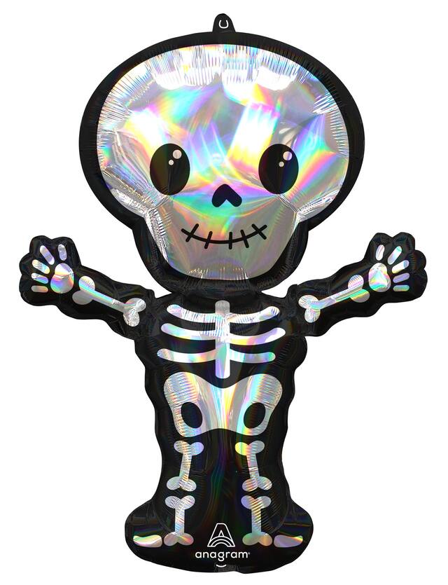 Ballon en aluminium satiné squelette, noir/argent, 32 po, gonflement à l'hélium et ruban inclus, pour l'Halloween Front_Flat