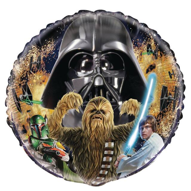 Disney Star Wars Luke Skywalker/Darth Vader/Chewbacca Round Satin Foil Balloon, Black, 18-in, Helium Inflation & Ribbon Included for Star Wars Birthday Party Front_Flat