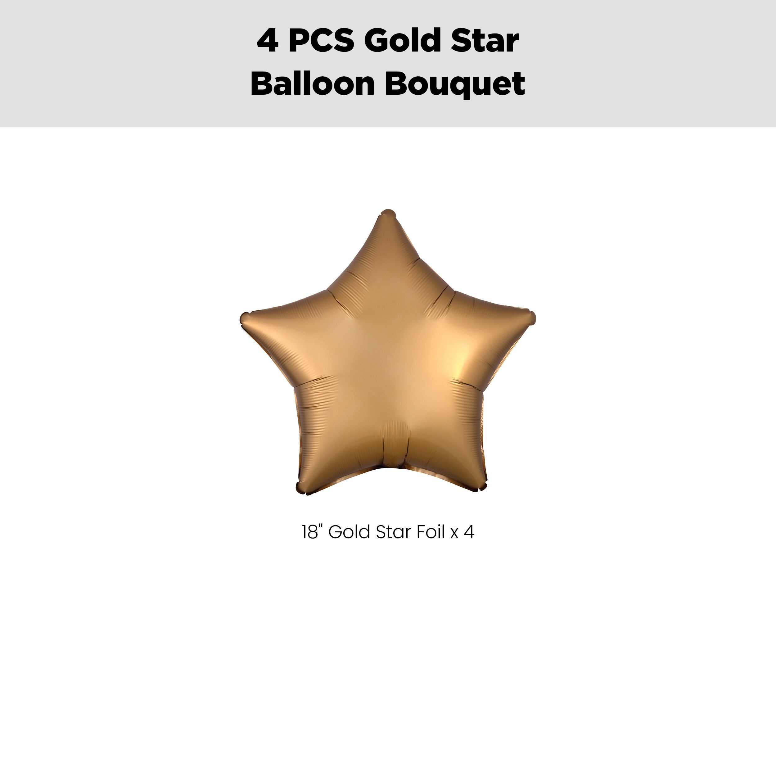 Star Foil Balloon Bouquet, Gold, 4-pk, Helium Inflation & Ribbon Included for Birthday/Special Occasion Front_Flat