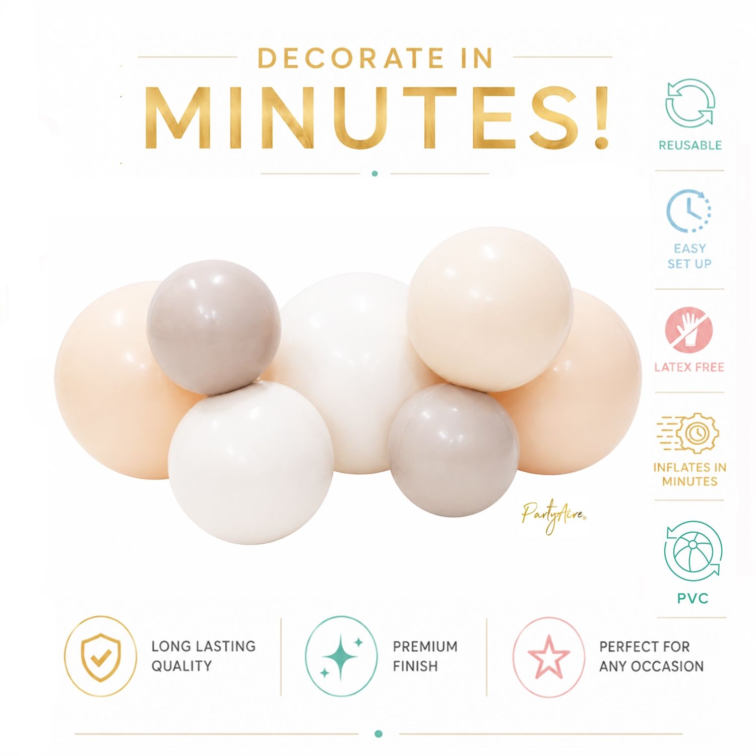 Reusable Linked Inflatable PVC Balloon Garland, Neutral Tan Mix, Air-Filled for Birthdays/Weddings/Baby Showers Front_Flat