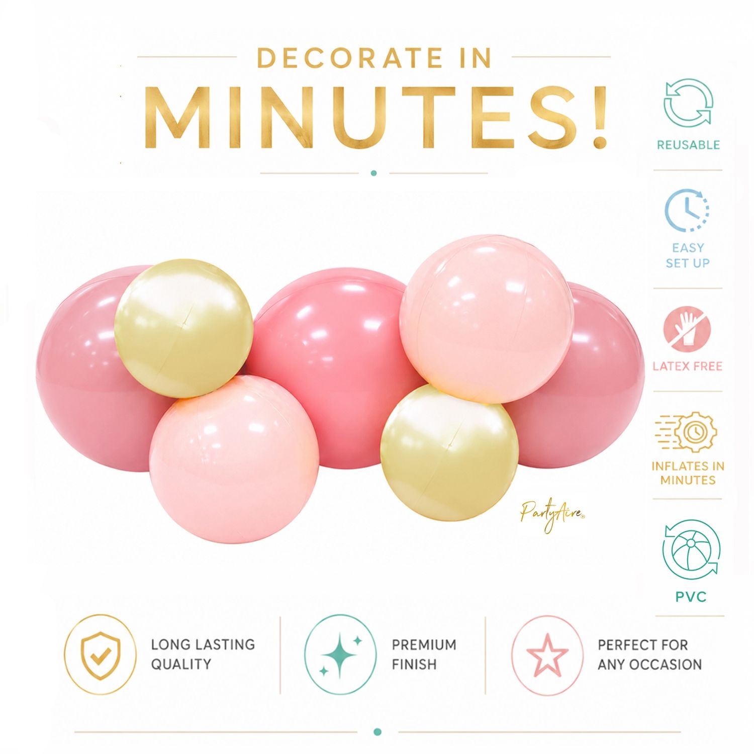 Reusable Linked Inflatable PVC Balloon Garland, Rose Gold Mix, Air-Filled for Birthdays/Weddings/Baby Showers Front_Flat
