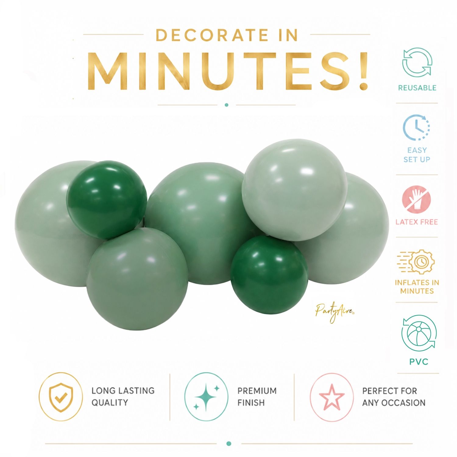 Reusable Linked Inflatable PVC Balloon Garland, Soft Green Mix, Air-Filled for Birthdays/Weddings/Baby Showers Front_Flat