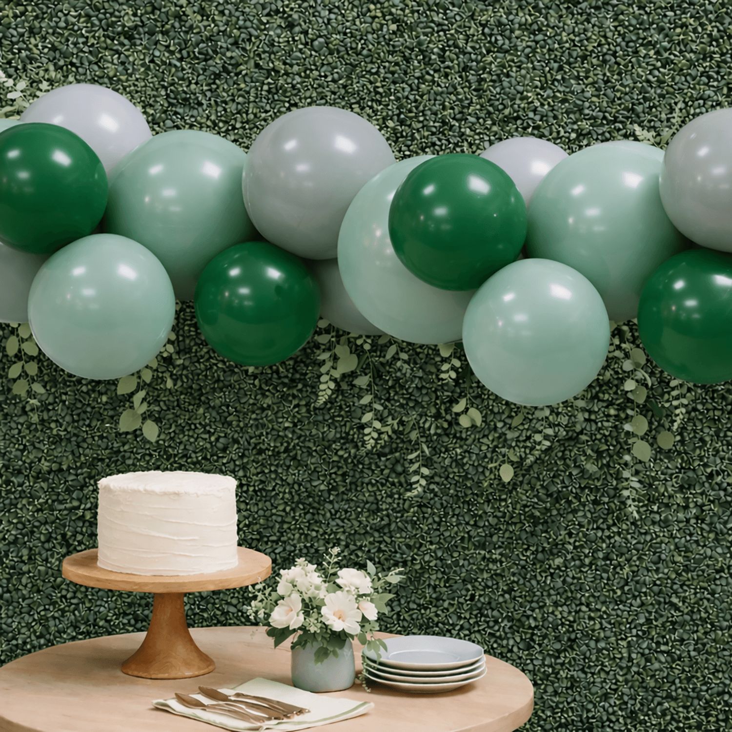 Guirlande de ballons en PVC gonflables reliés et réutilisables, mélange vert doux, gonflé à l'air, pour anniversaire/mariage/fête prénatale Front_Flat