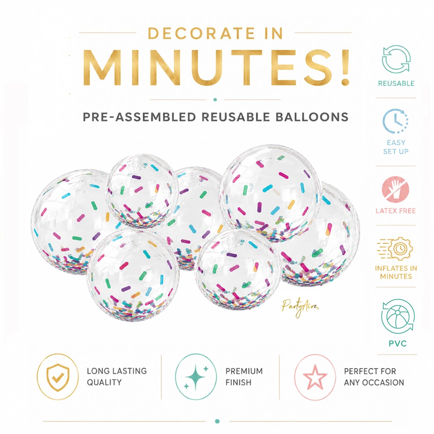Reusable Linked Inflatable PVC Balloon Garland, Sprinkle Confetti Magic Mix, Air-Filled for Birthdays/Weddings/Baby Showers Front_Flat