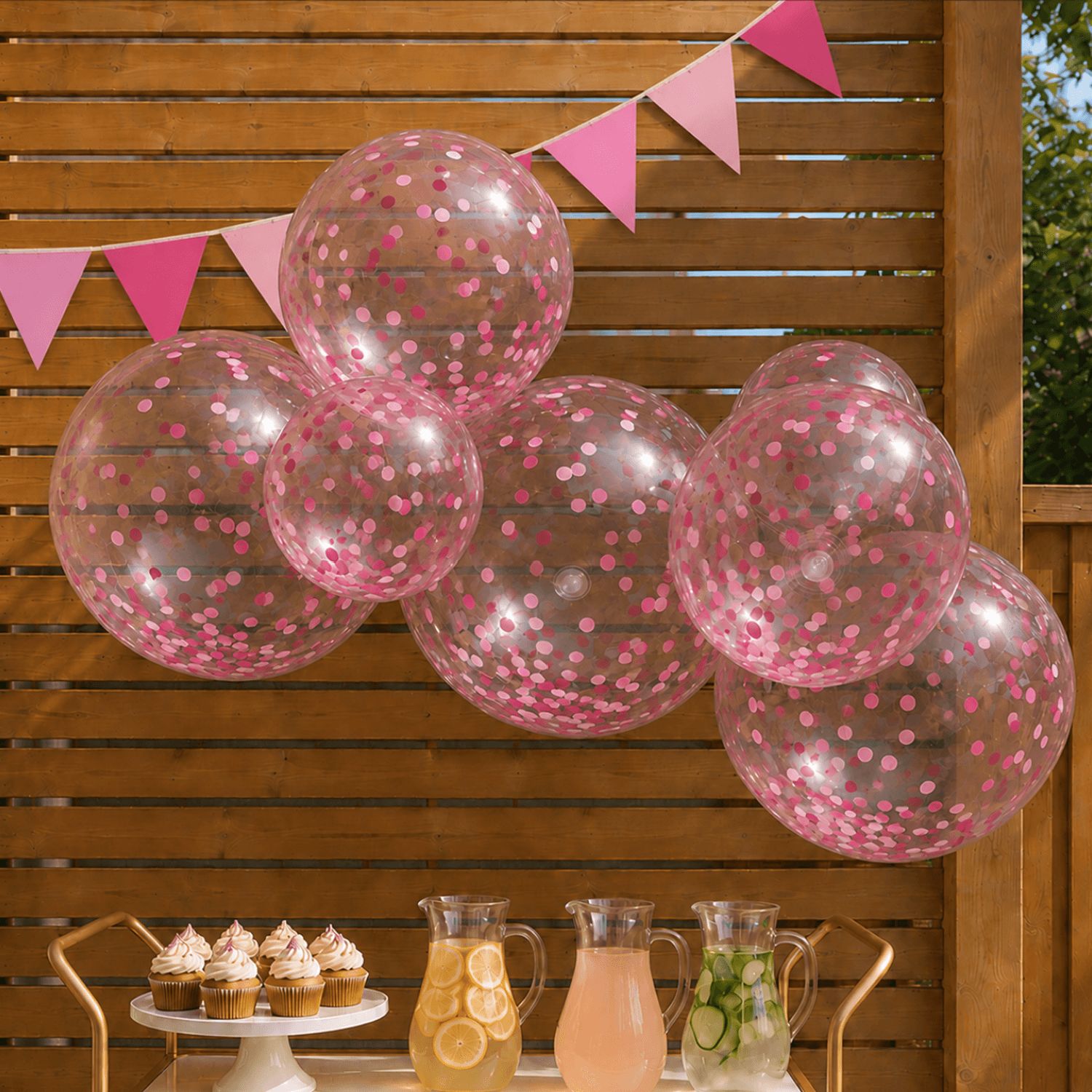 Reusable Linked Inflatable PVC Balloon Garland, Pink Confetti Mix, Air-Filled for Birthdays/Weddings/Baby Showers Front_Flat